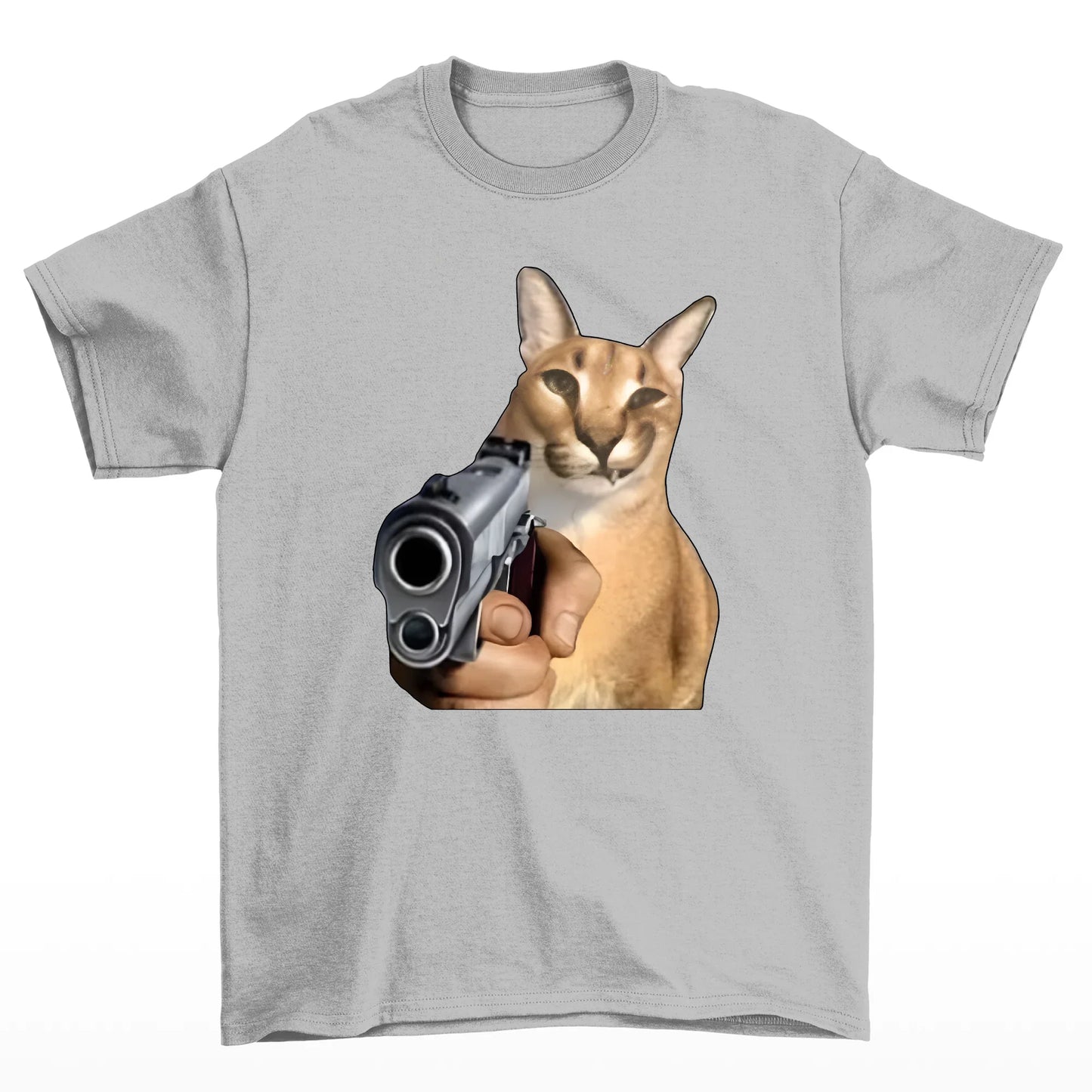 Camiseta básica com estampa gato segurando arma- Cinza
