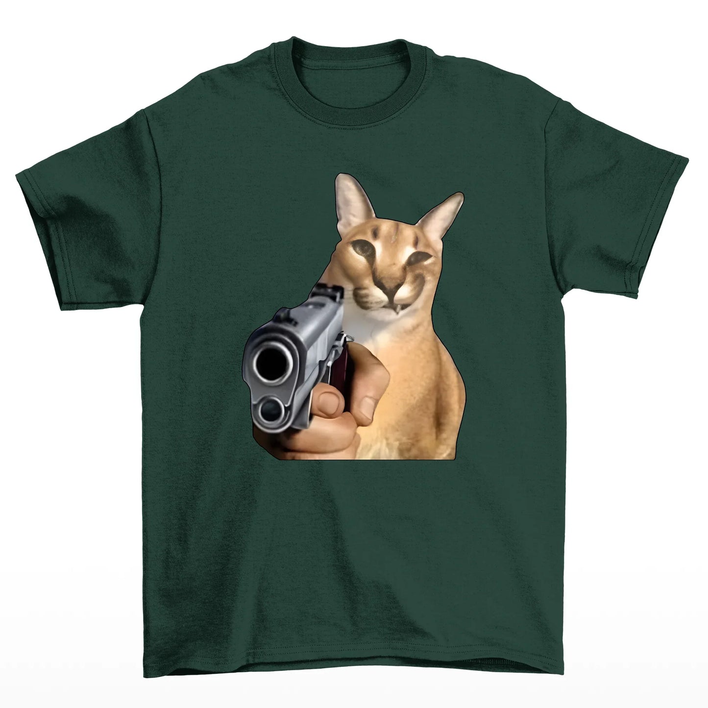 Camiseta básica com estampa gato segurando arma- Verde