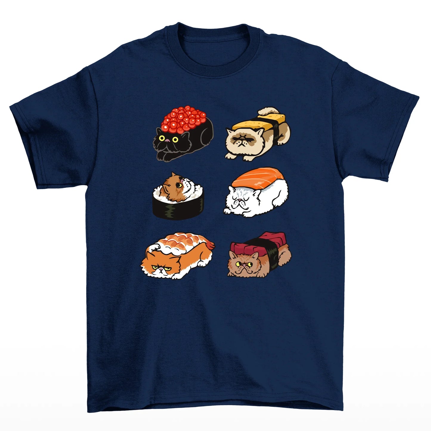 Camiseta básica com estampa gatinhos sushi- Azul-marinho