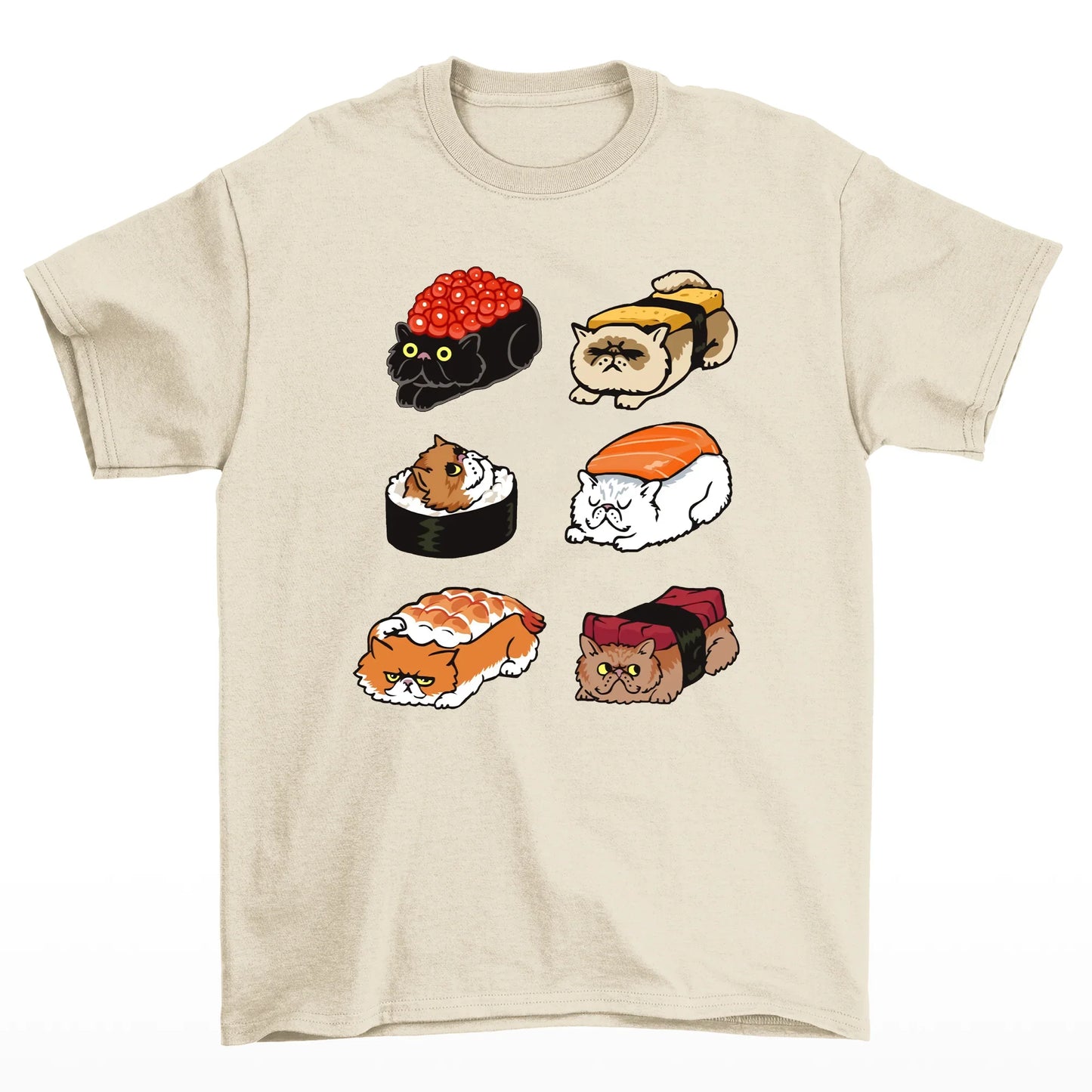 Camiseta básica com estampa gatinhos sushi- Pérola