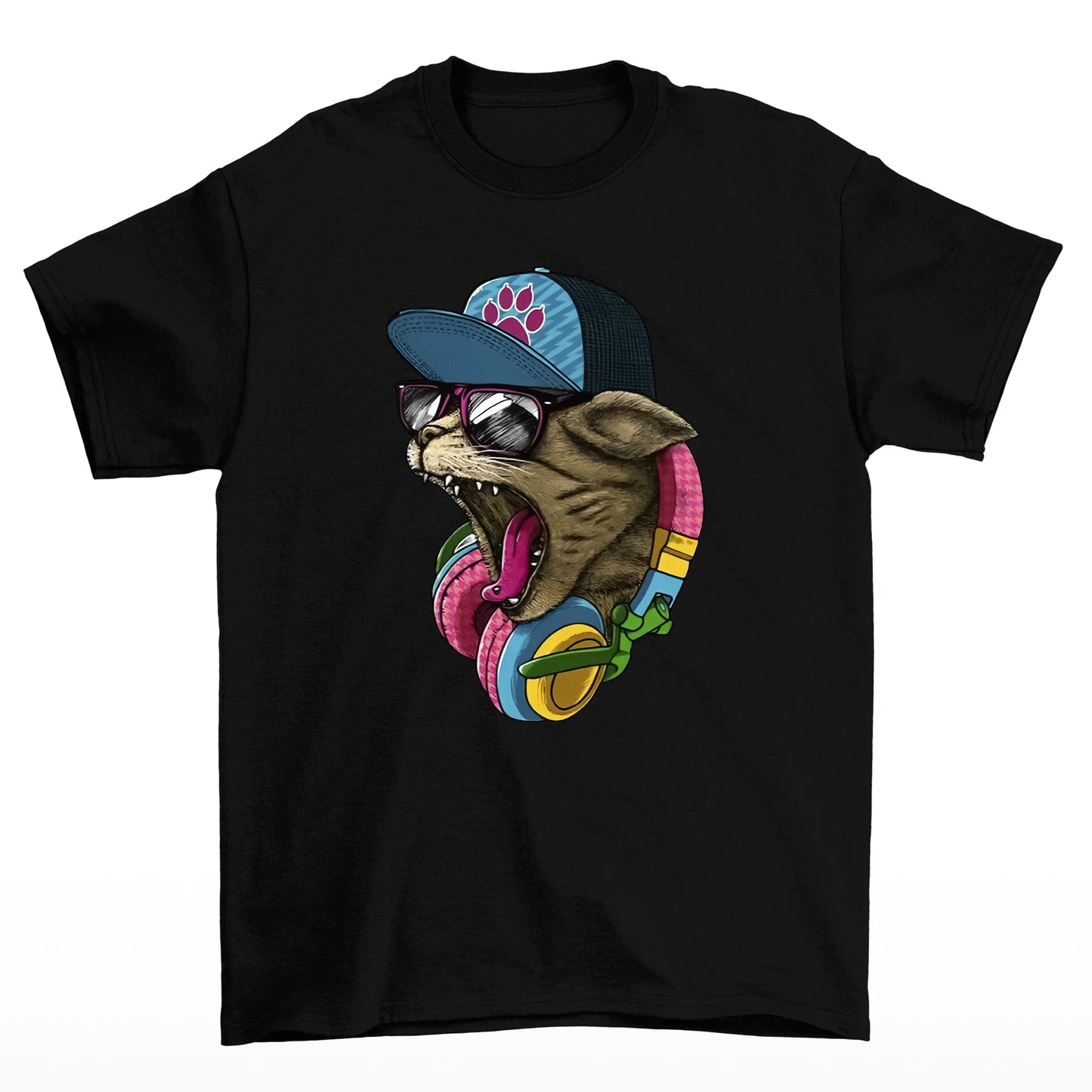 camiseta básica com estampa gatinho rapper- Preto