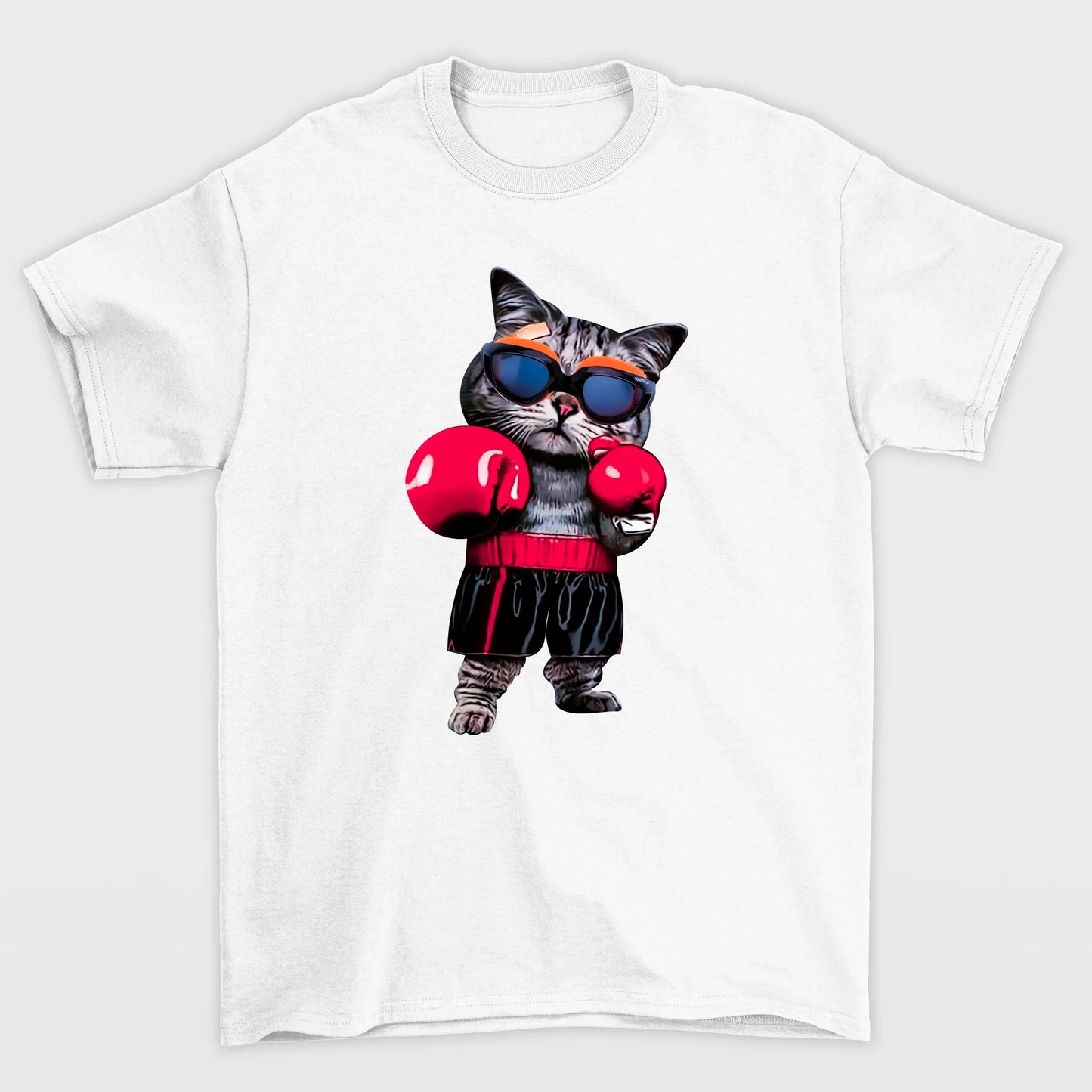 Camiseta básica com estampa de gato com luvas de boxe- Branco