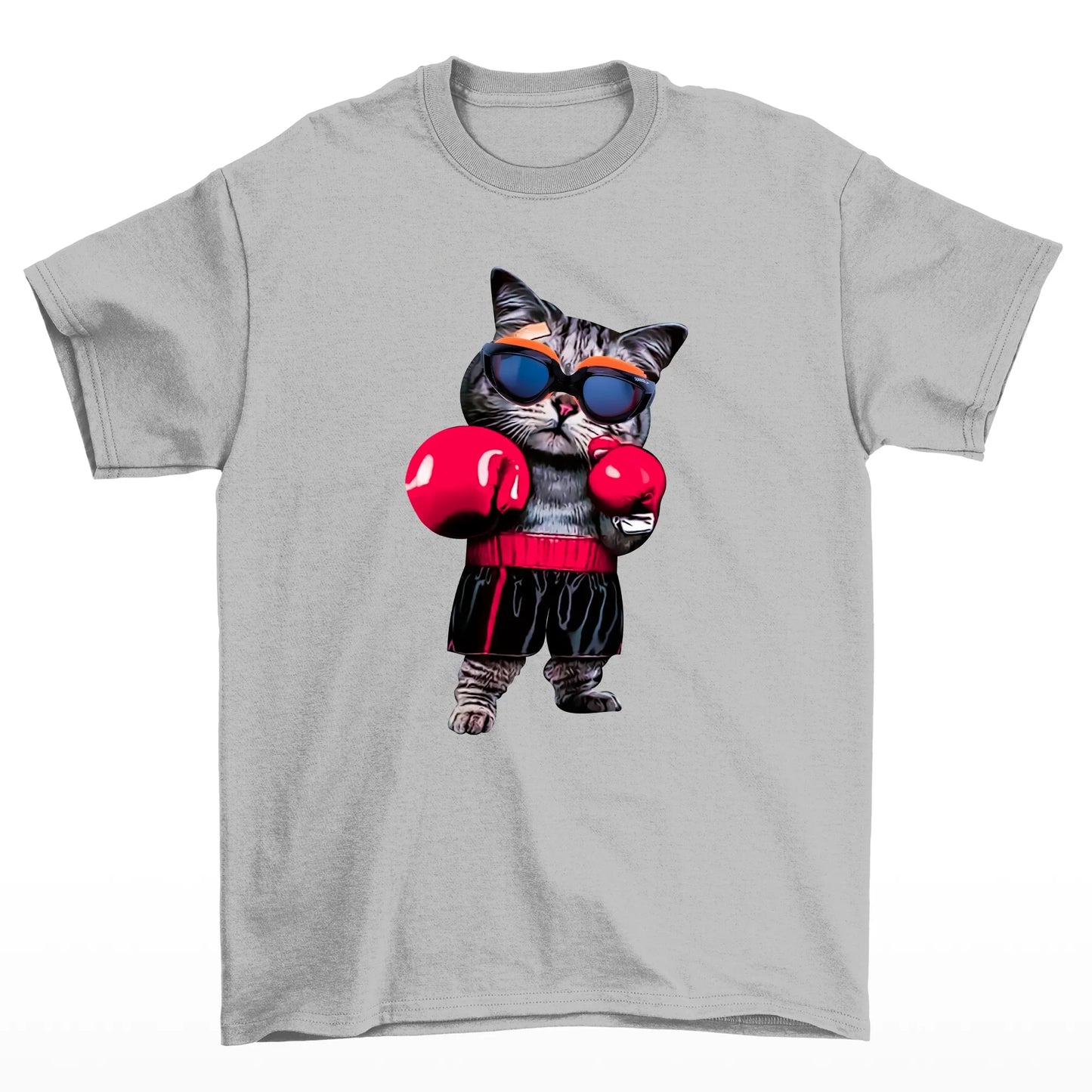 Camiseta básica com estampa de gato com luvas de boxe- Cinza