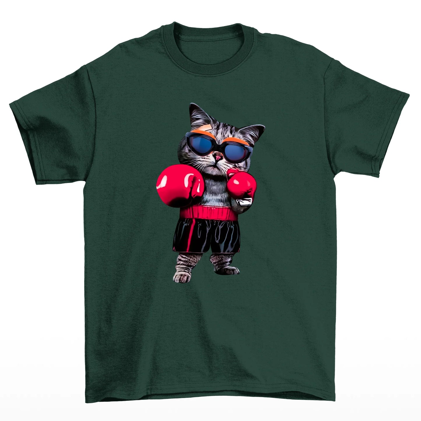 Camiseta básica com estampa de gato com luvas de boxe- Verde