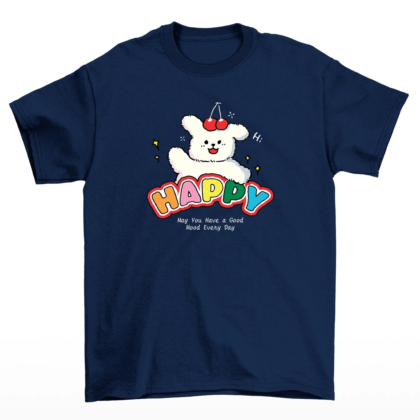 Camiseta Básica Unissex Com Estampa Cachorrinho Cereja em Cima Da Cabeça - azul marinho