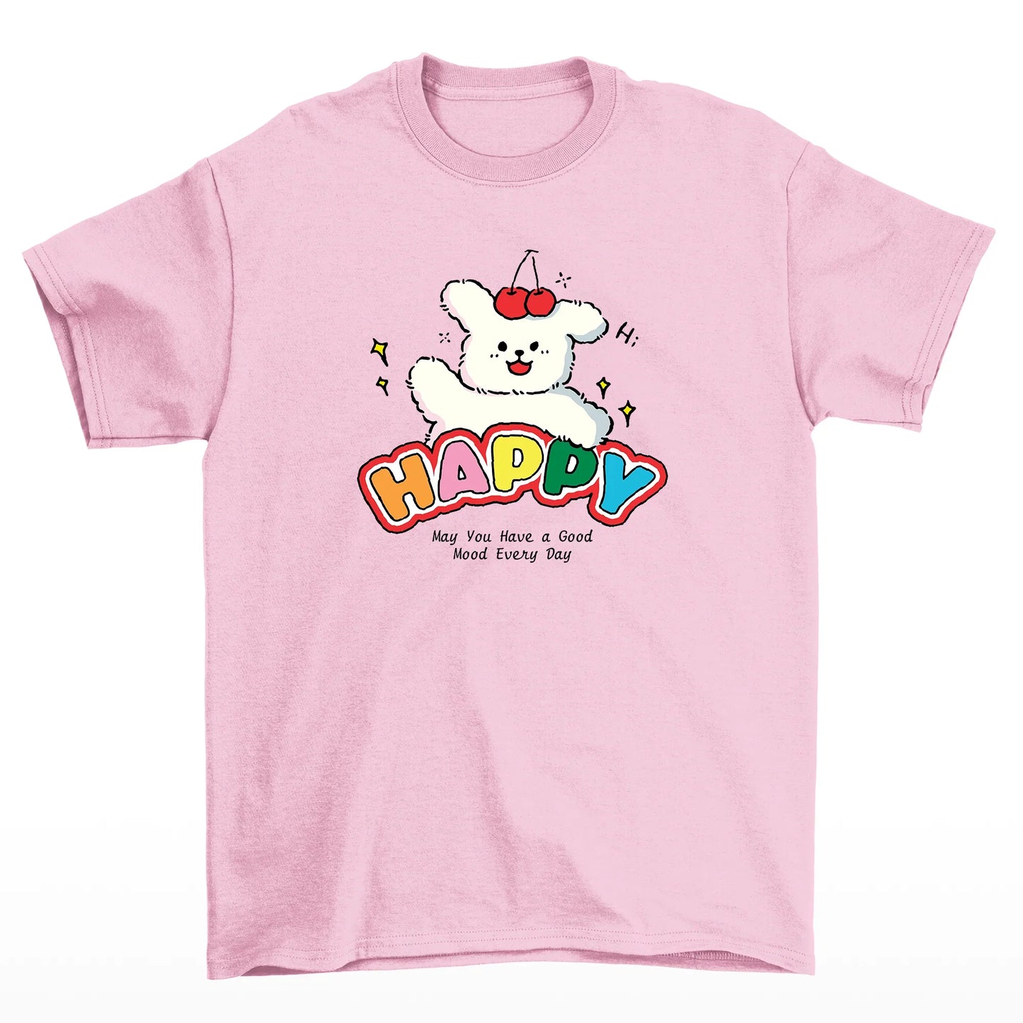 Camiseta Básica Unissex Com Estampa Cachorrinho Cereja em Cima Da Cabeça - rosa bebê