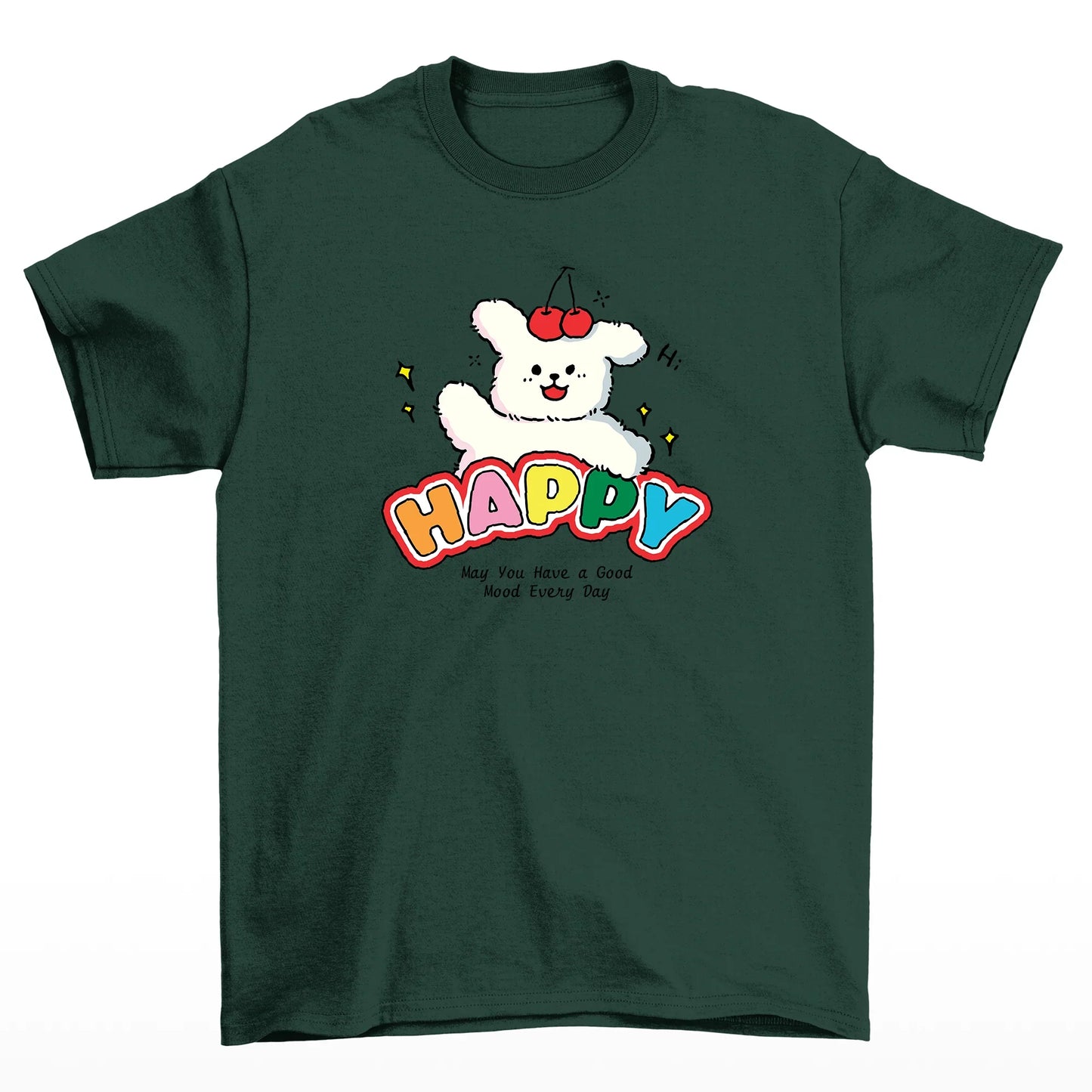Camiseta Básica Unissex Com Estampa Cachorrinho Cereja em Cima Da Cabeça - verde