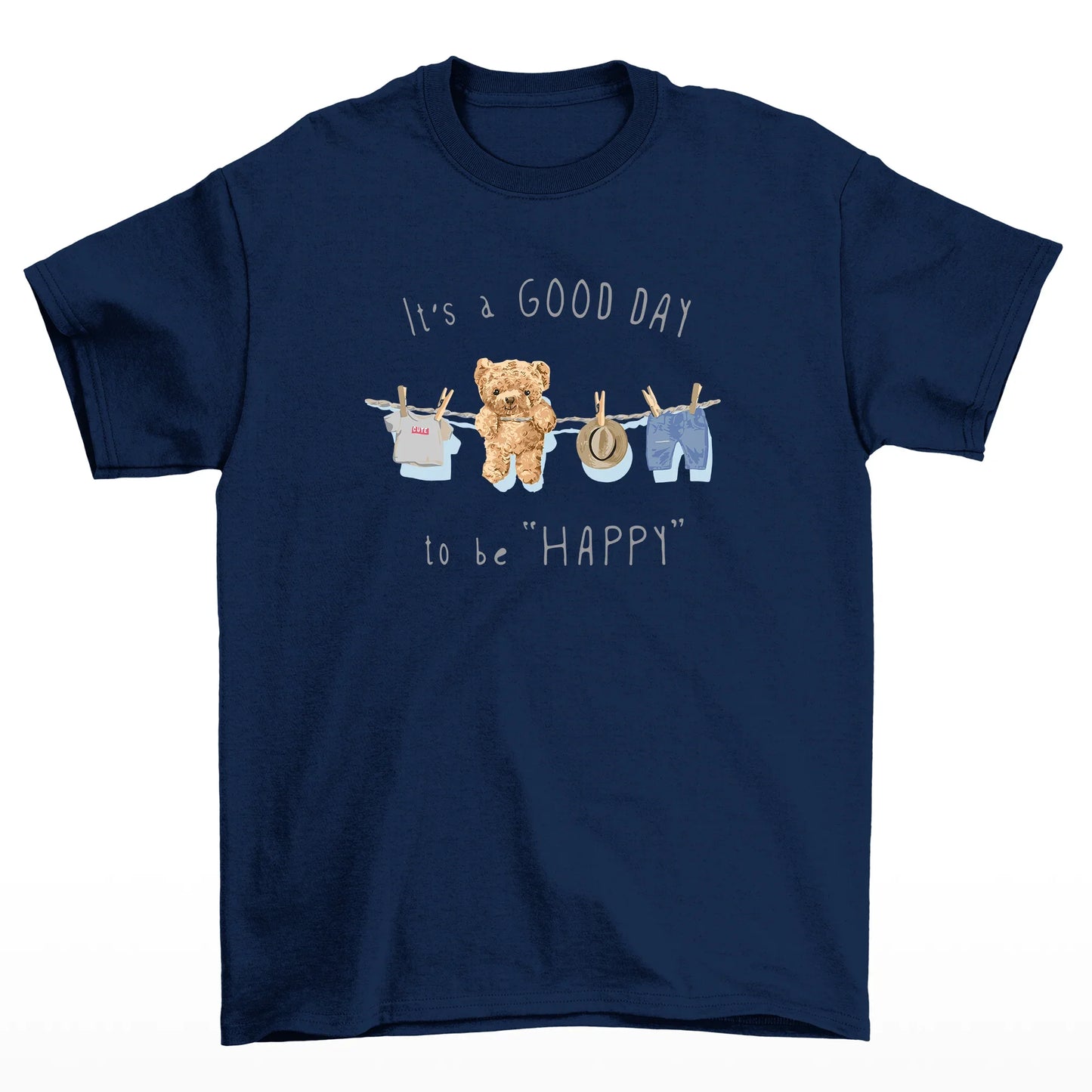 Camiseta Básica Unissex Com Estampa Ursinho No Varal Pendurado - Azul Marinho