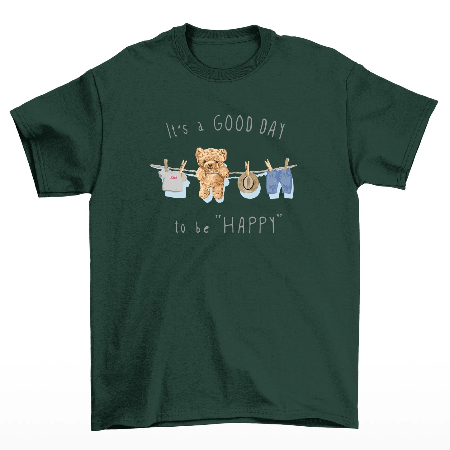 Camiseta Básica Unissex Com Estampa Ursinho No Varal Pendurado - Verde