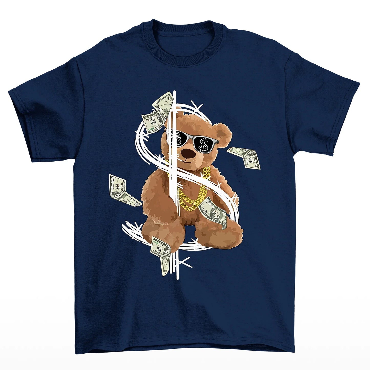 Camiseta Básica Com Estampa Ursinho Dinheiro - azul marinho