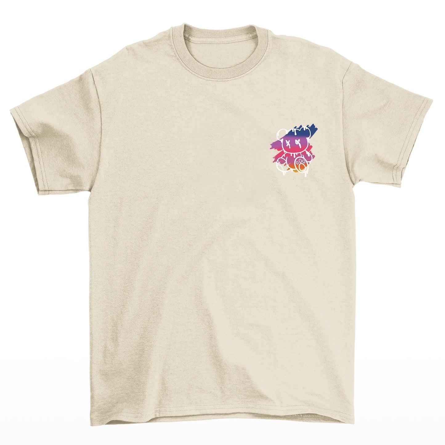 Camiseta Básica Unissex Pérola Com Estampa Ursinho Sentado Paisagem Pérola