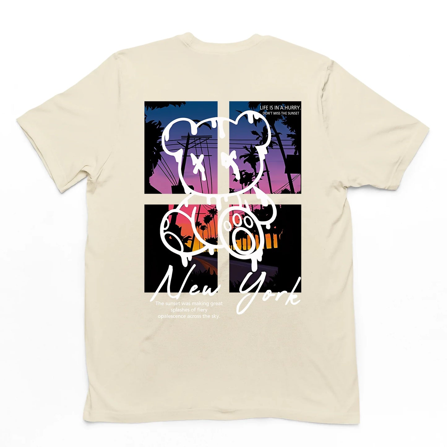 Camiseta Básica Unissex Pérola Com Estampa Ursinho Sentado Paisagem - Pérola