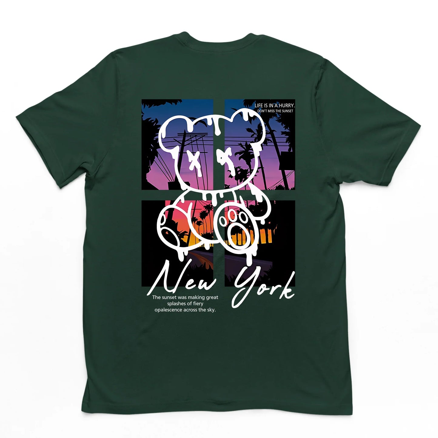 Camiseta Básica Unissex Verde Com Estampa Ursinho Sentado Paisagem - verde