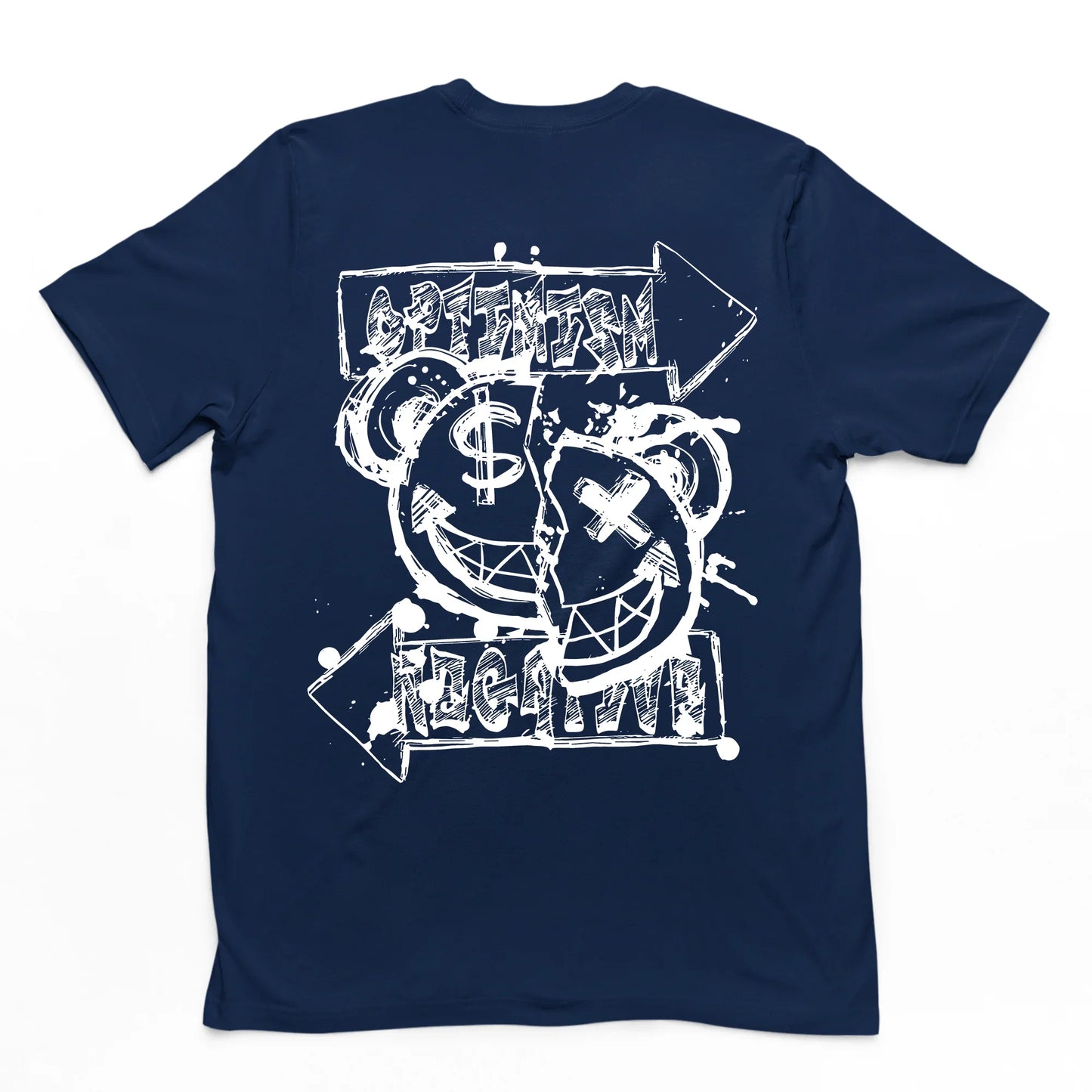 Camiseta Costa na cor Azul marinho com uma estampa nas costas um emoji feliz de urso rasgado ao meio money e x nos olhos