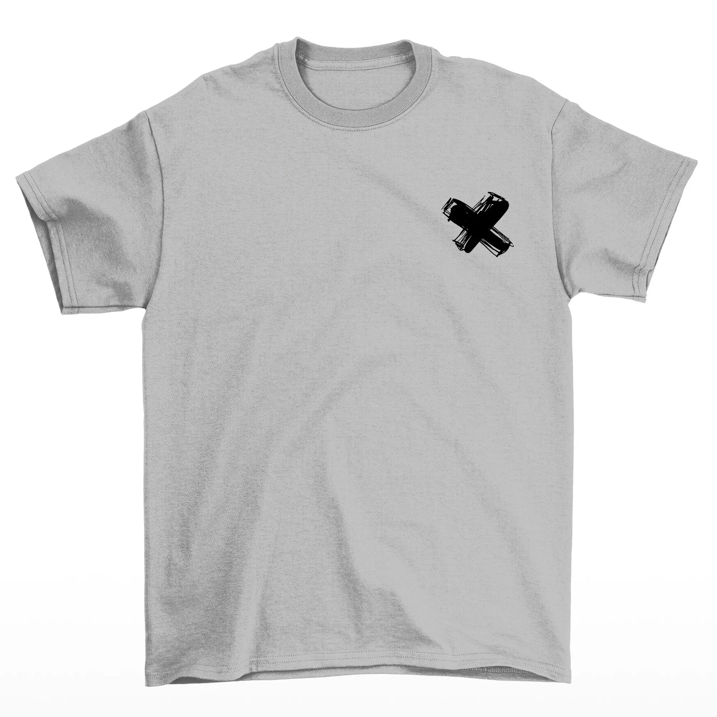Camiseta frente na cor cinza com uma estampa no peito de X