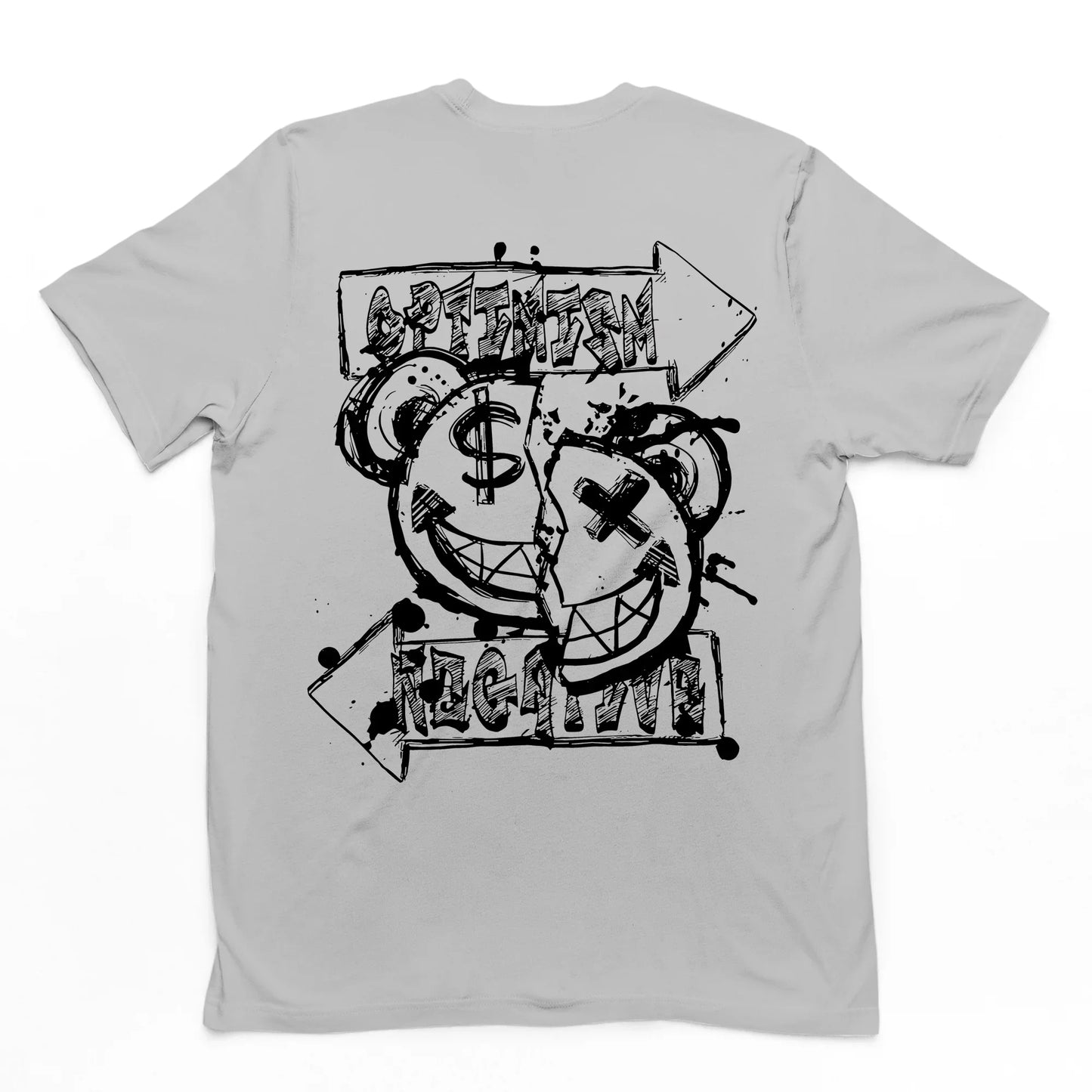 Camiseta Costa na cor cinza com uma estampa nas costas um emoji feliz de urso rasgado ao meio money e x nos olhos