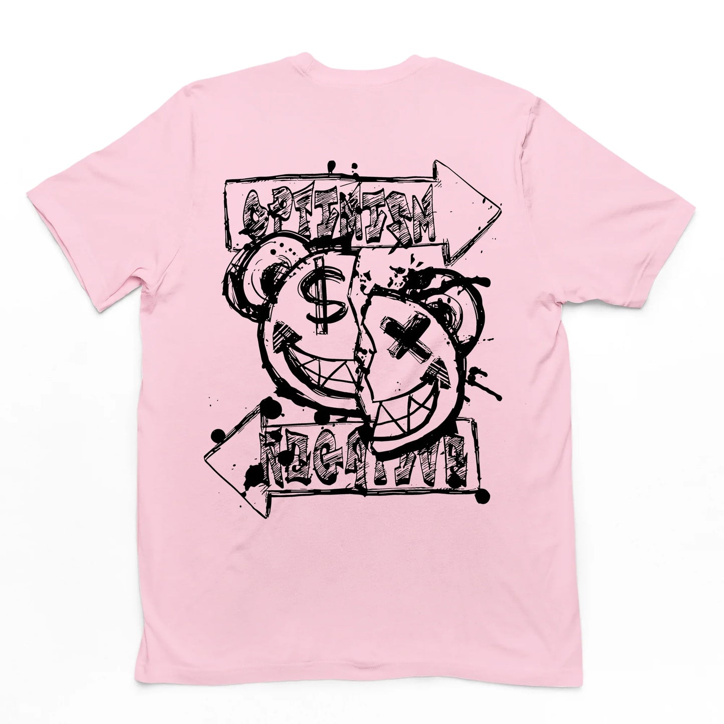 Camiseta Costa na cor rosa bebê com uma estampa nas costas um emoji feliz de urso rasgado ao meio money e x nos olhos