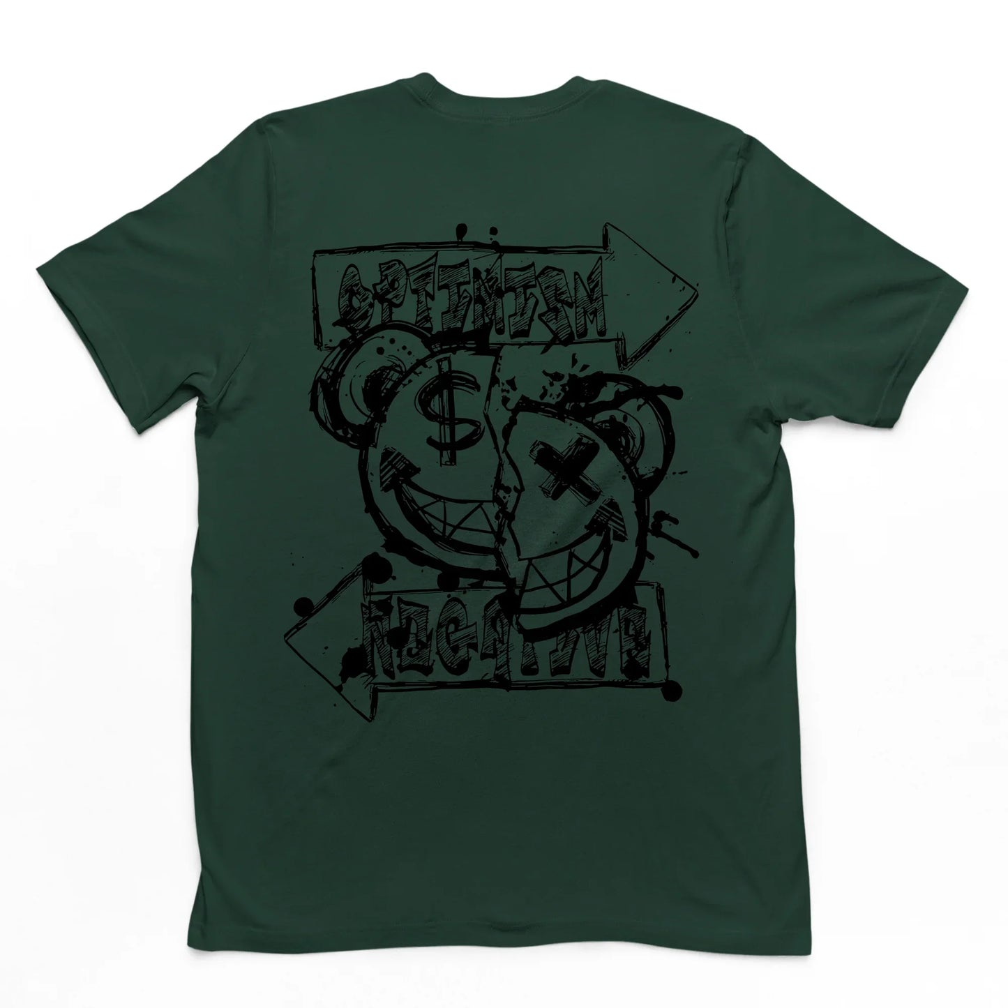 Camiseta Costa na cor verde com uma estampa nas costas um emoji feliz de urso rasgado ao meio money e x nos olhos