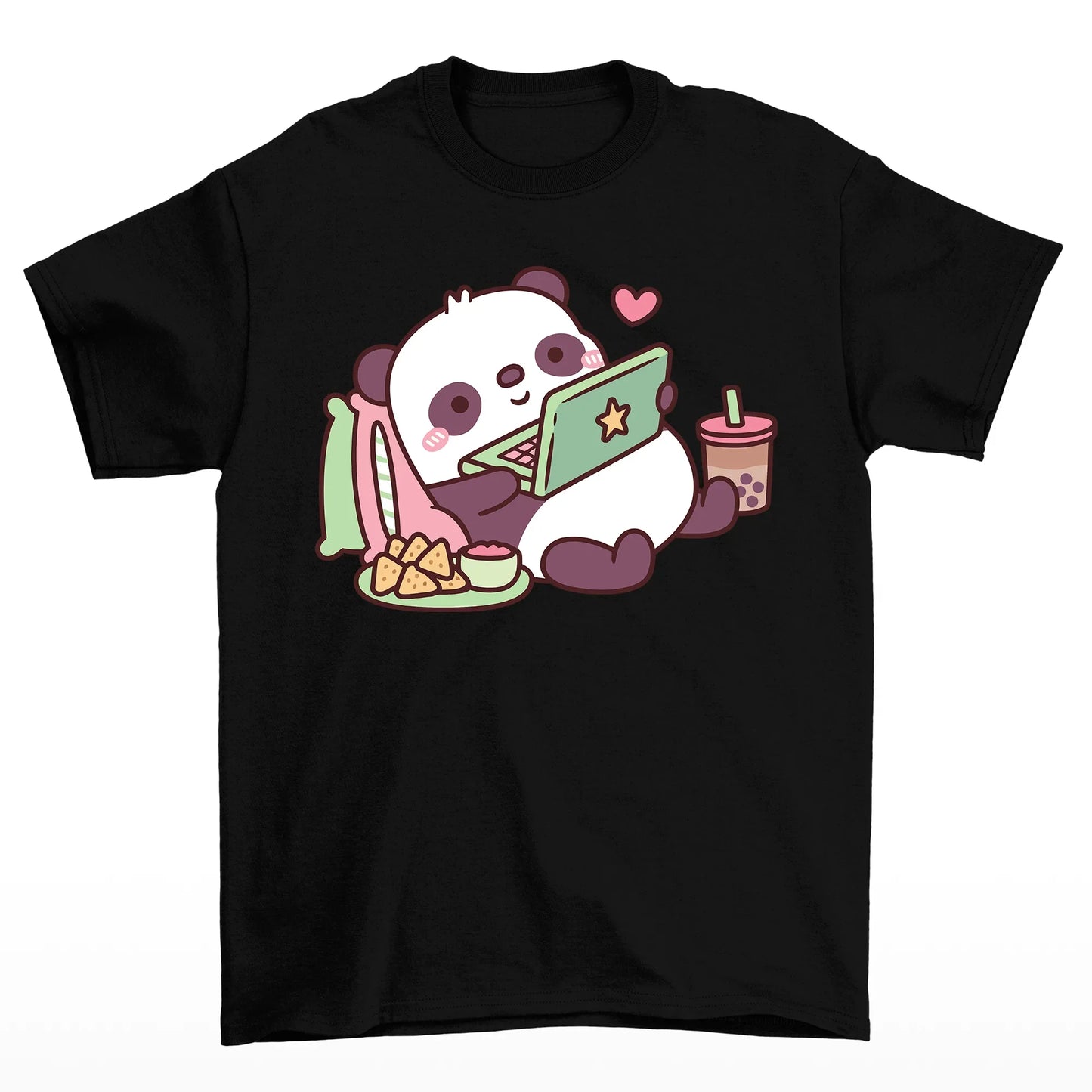 Camiseta básica com estampa panda preguiçoso - Preto