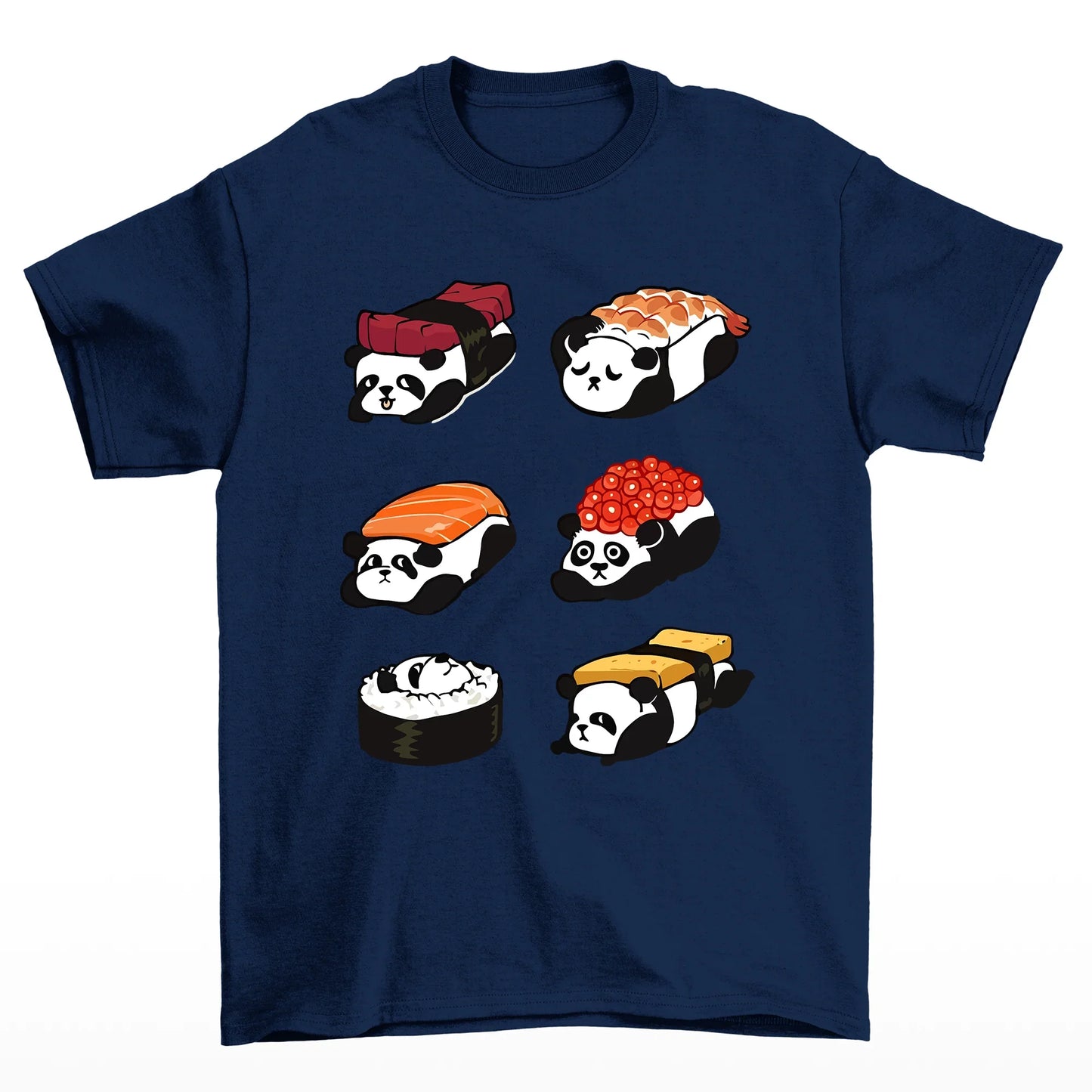 Camiseta básica com pandas dentro de sushis comida japonesas - Azul Marinho