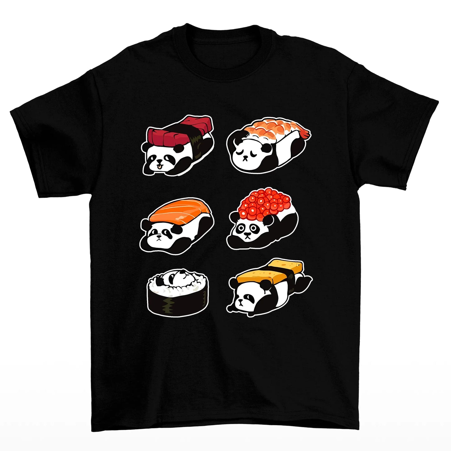 Camiseta básica com pandas dentro de sushis comida japonesas - Preto