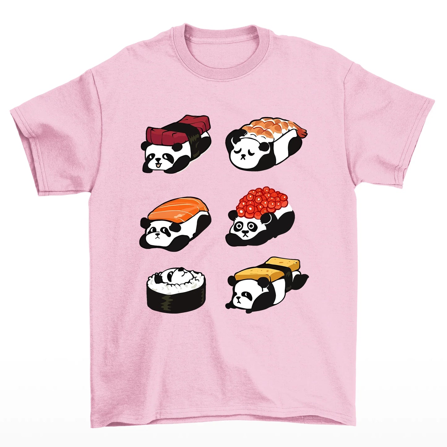 Camiseta básica com pandas dentro de sushis comida japonesas - Rosa