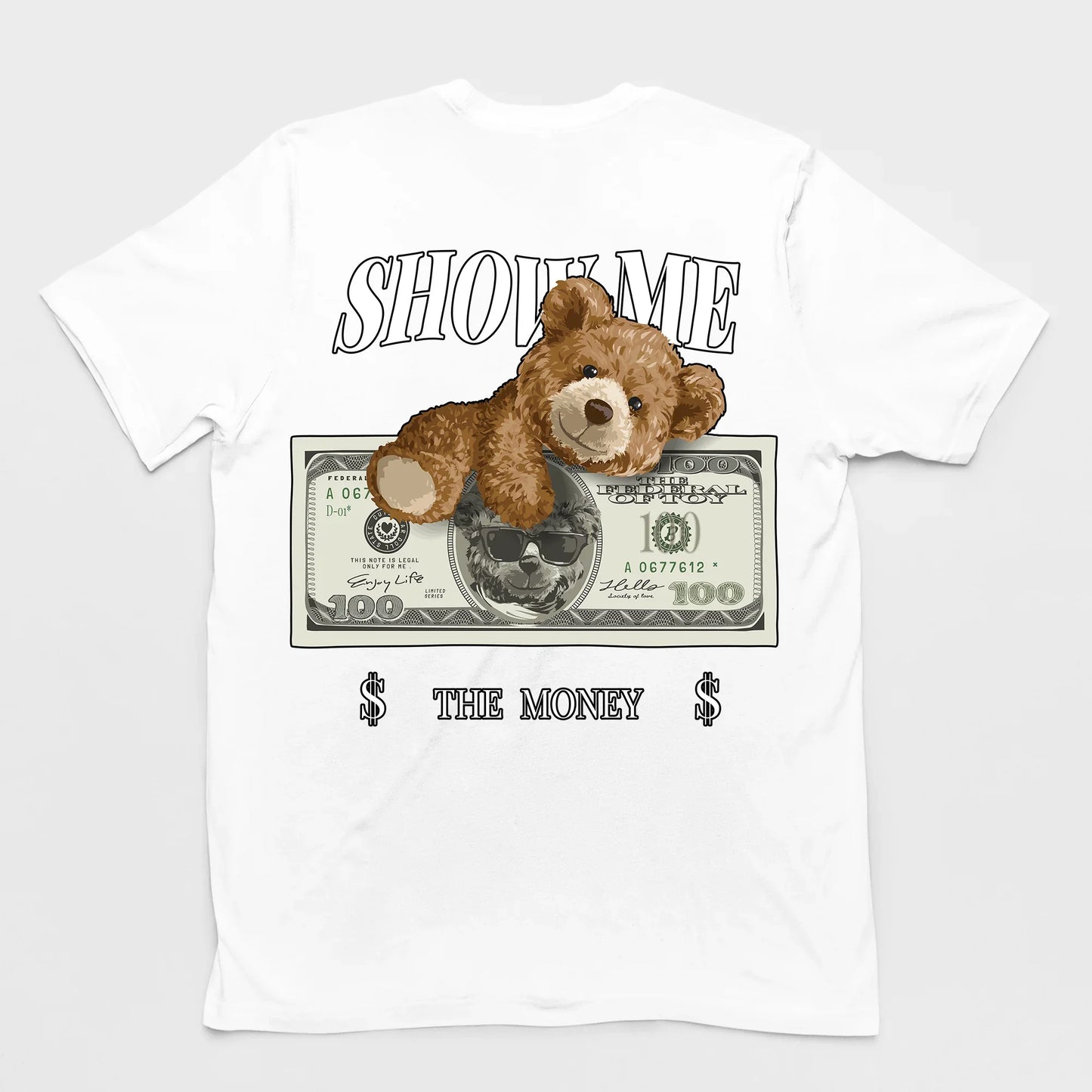 camiseta básica branca com estampa de ursinho abraçando dinheiro