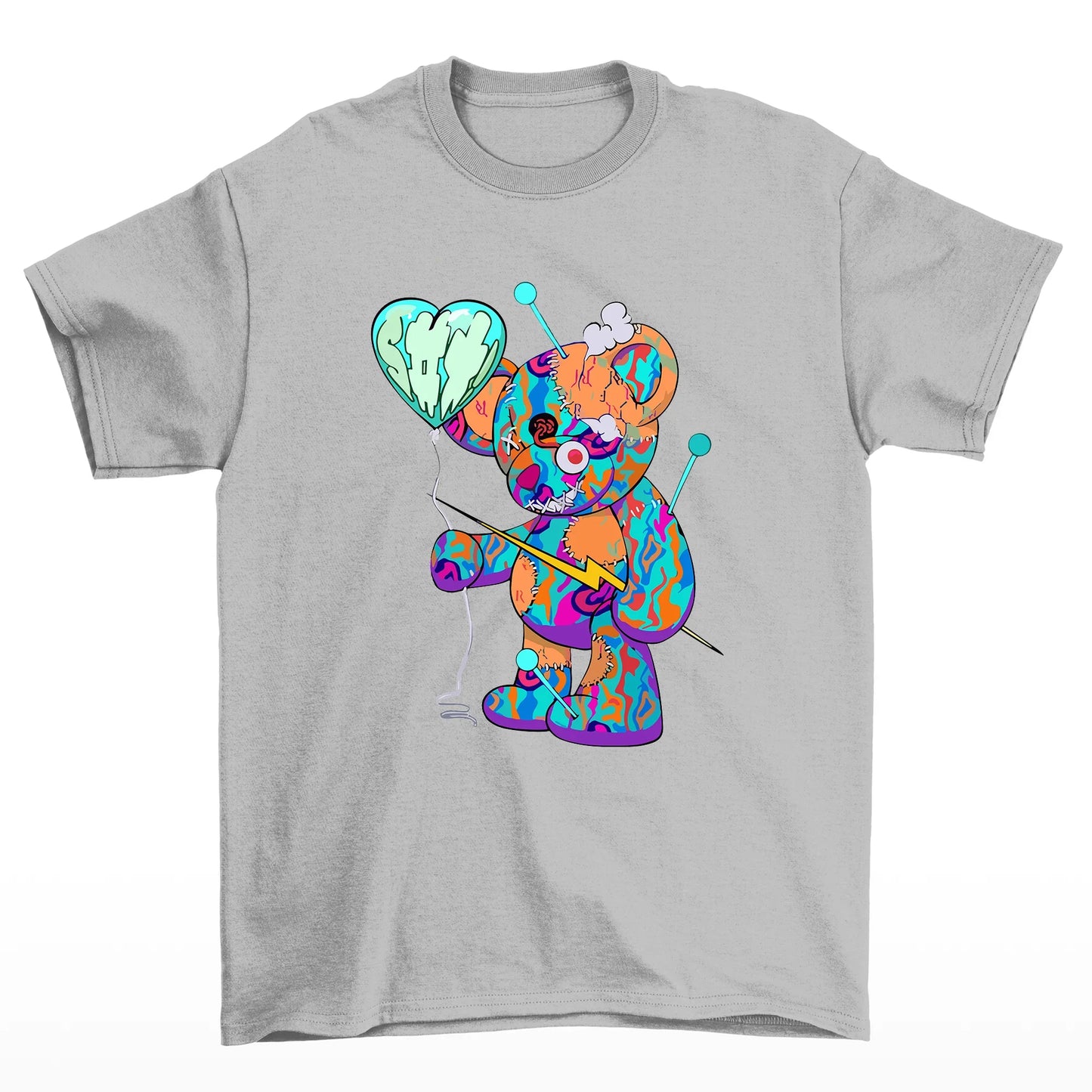 Camiseta Básica cinza Unissex Com Estampa Ursinho Segurando Balão De Coração - Cinza
