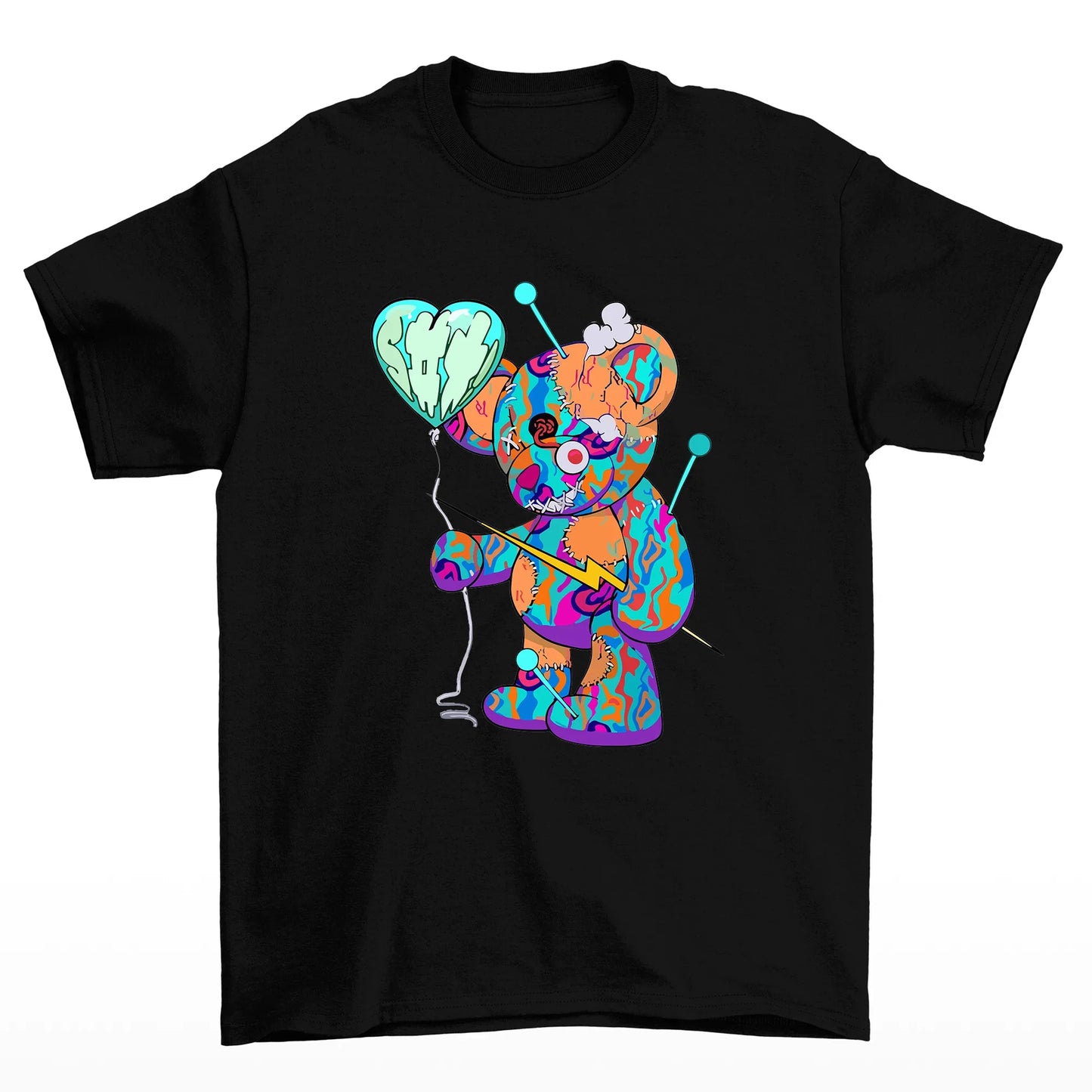 Camiseta Básica preto Unissex Com Estampa Ursinho Segurando Balão De Coração - Preto