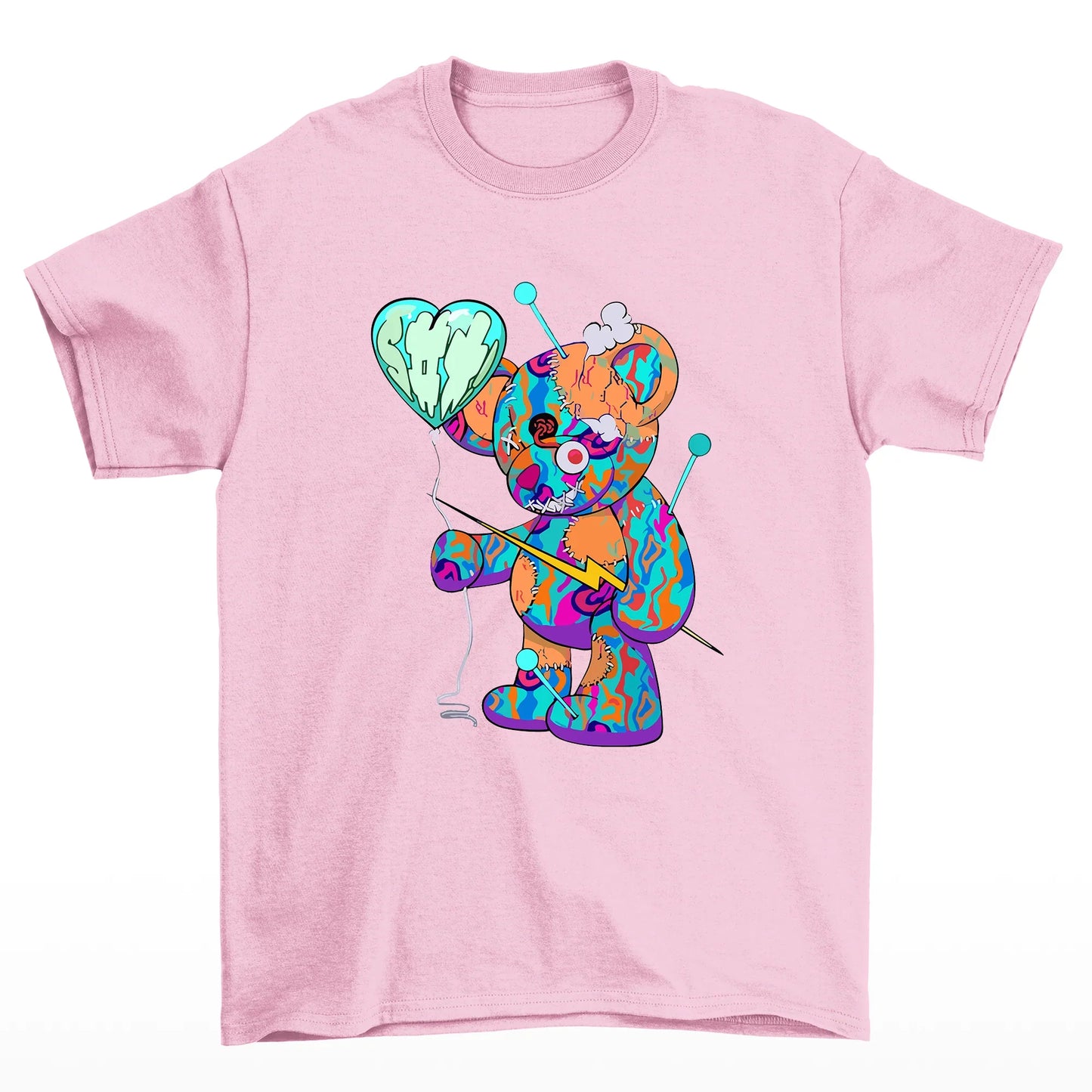 Camiseta Básica rosa bebê Unissex Com Estampa Ursinho Segurando Balão De Coração - Rosa Bebê