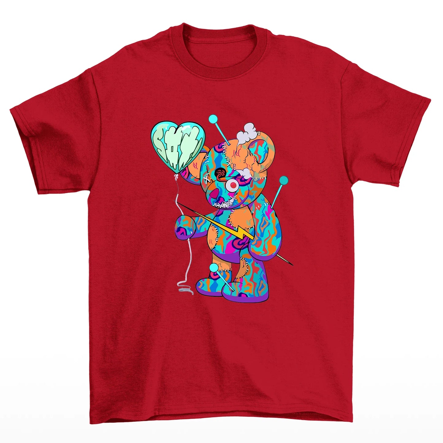 Camiseta Básica vermelho Unissex Com Estampa Ursinho Segurando Balão De Coração