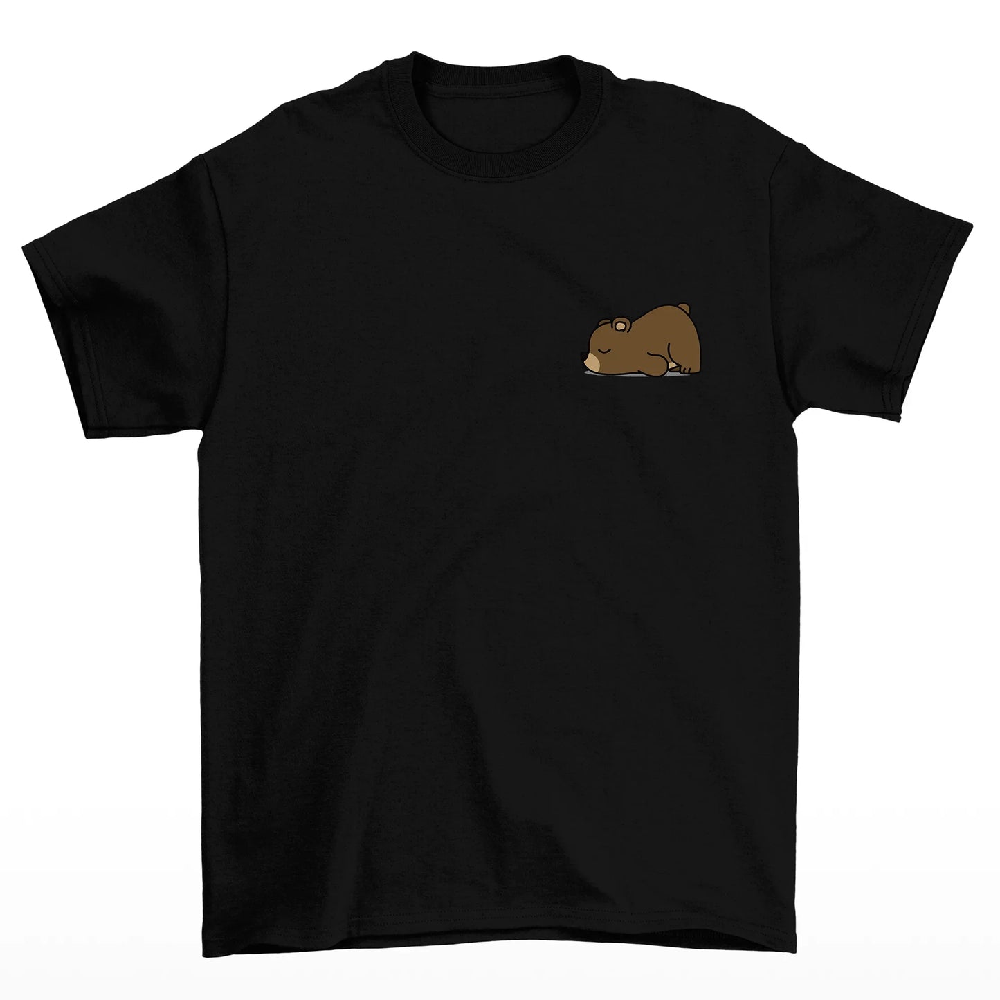 camiseta básica preta com estampa de urso dormindo