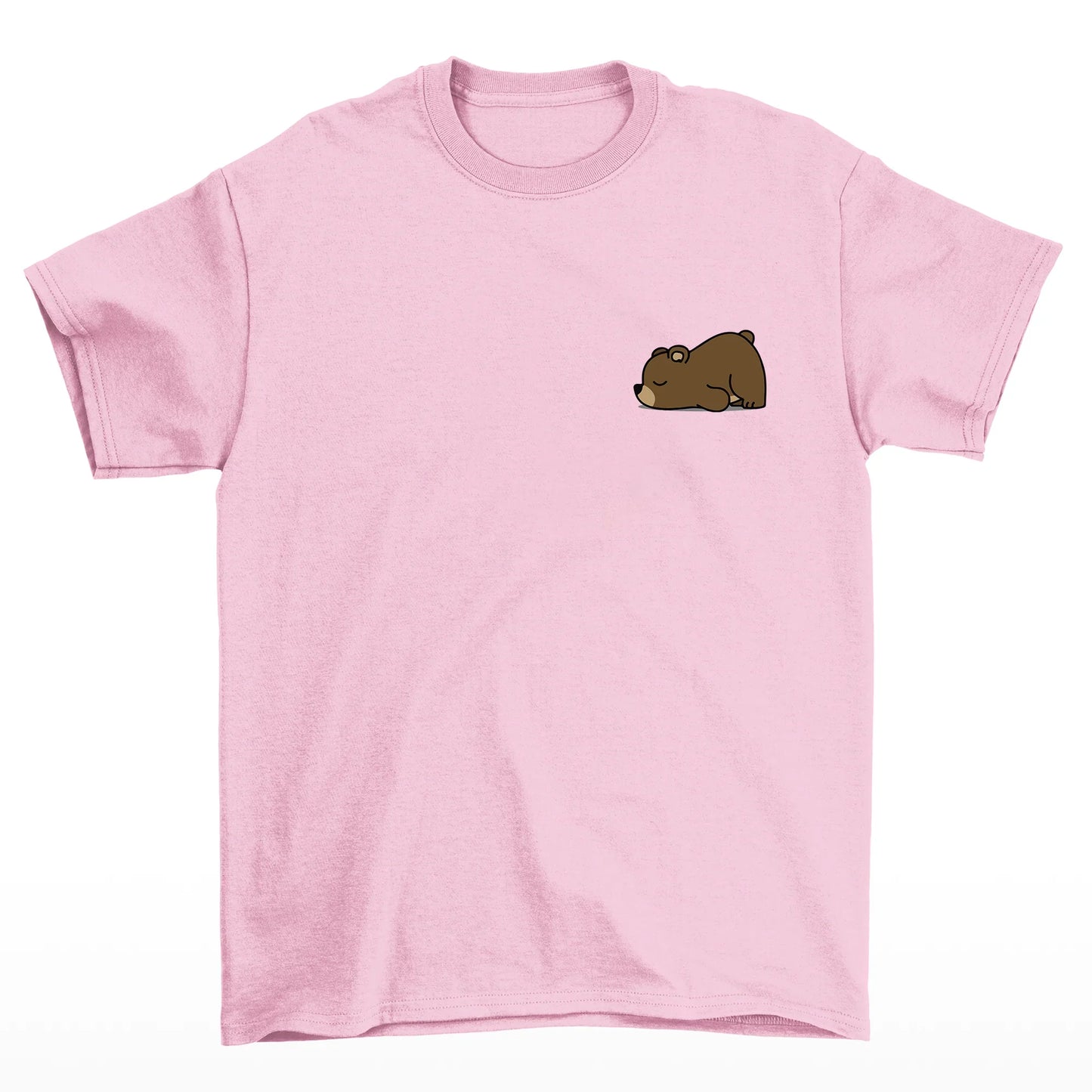 camiseta básica rosa bebê com estampa de urso dormindo