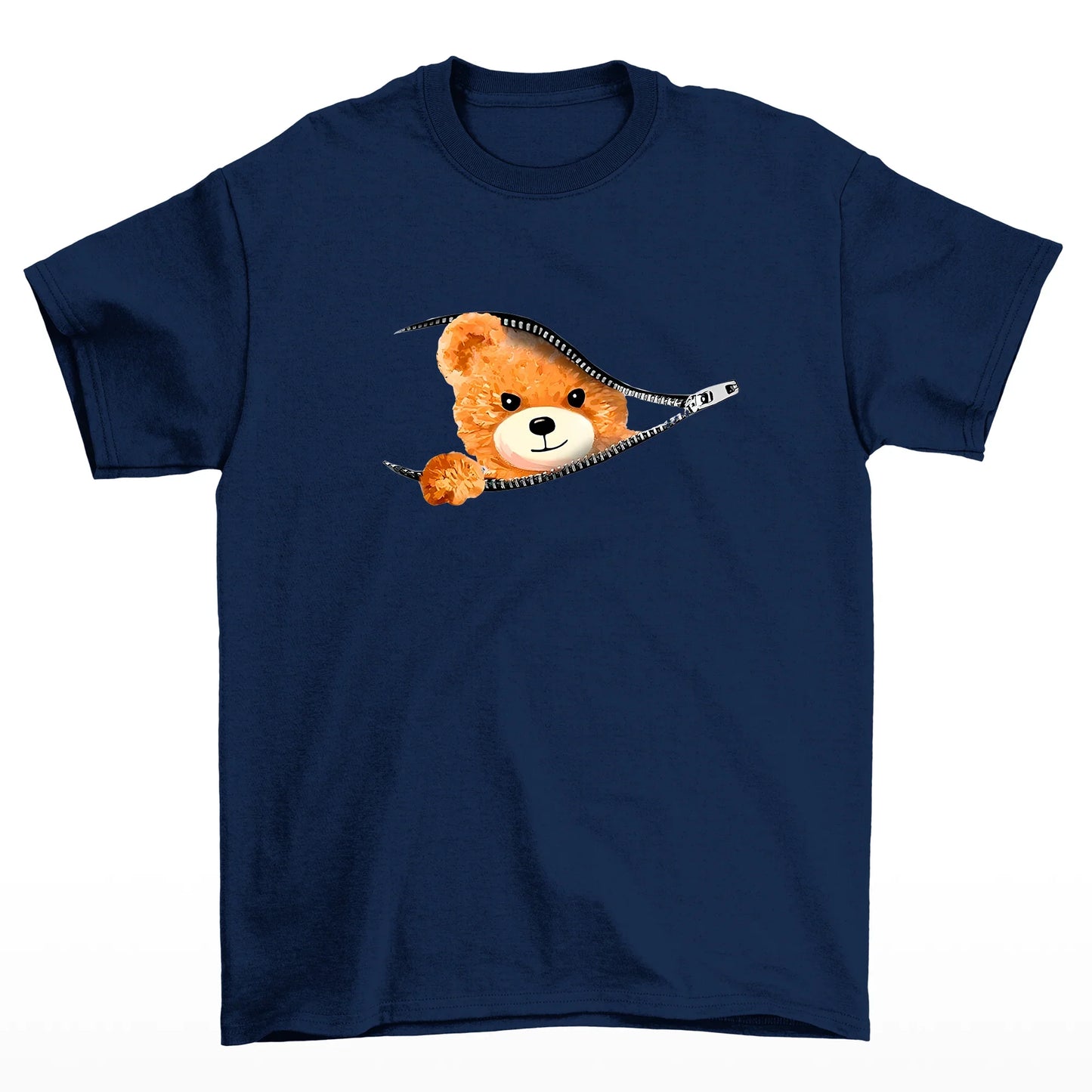 Camiseta Básica azul marinho Unissex Com Estampa Ursinho Ziper - Azul Marinho
