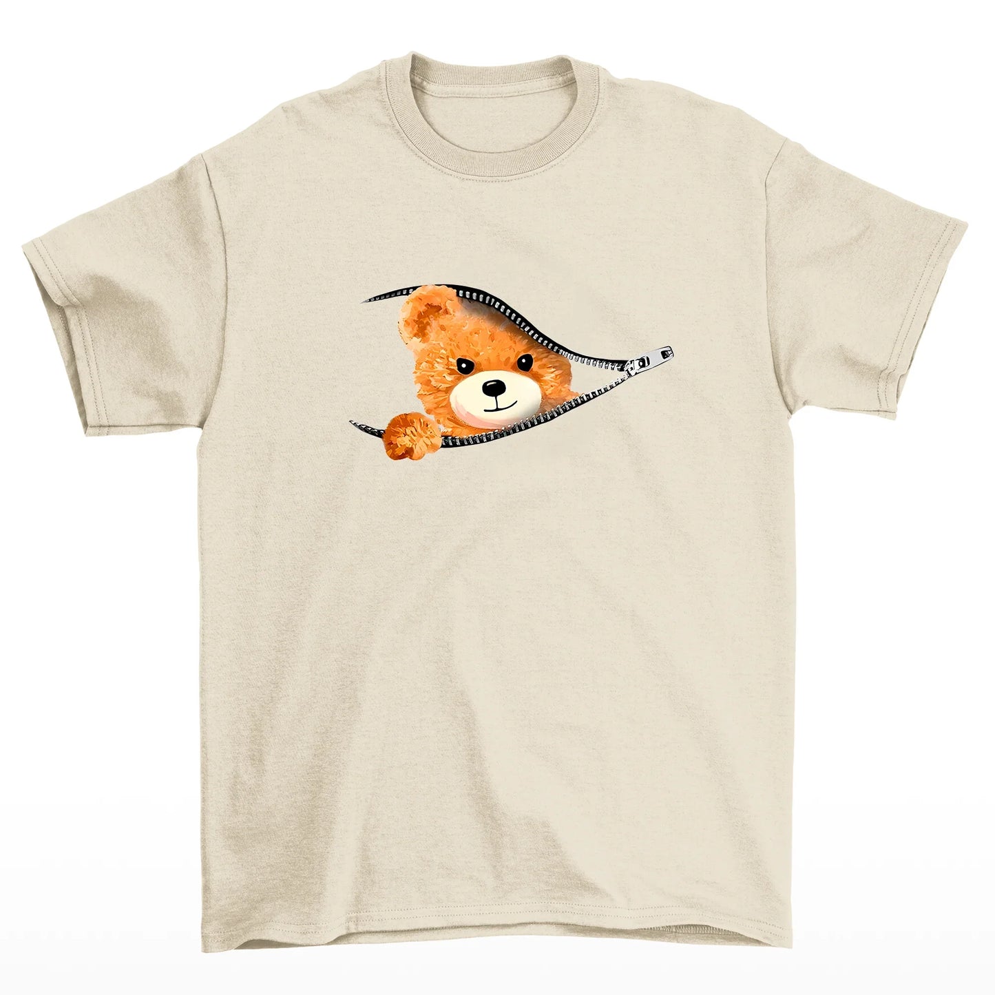 Camiseta Básica pérola Unissex Com Estampa Ursinho Ziper - Pérola