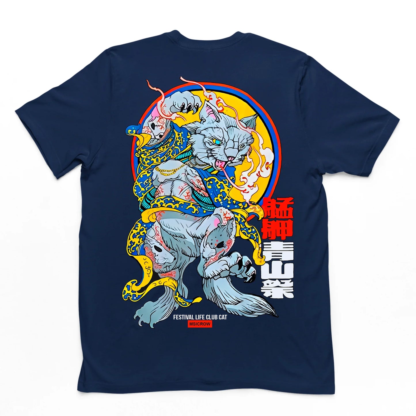 Camiseta Básica Com Estampa Japonês Gato DAnçando- Azul-marinho