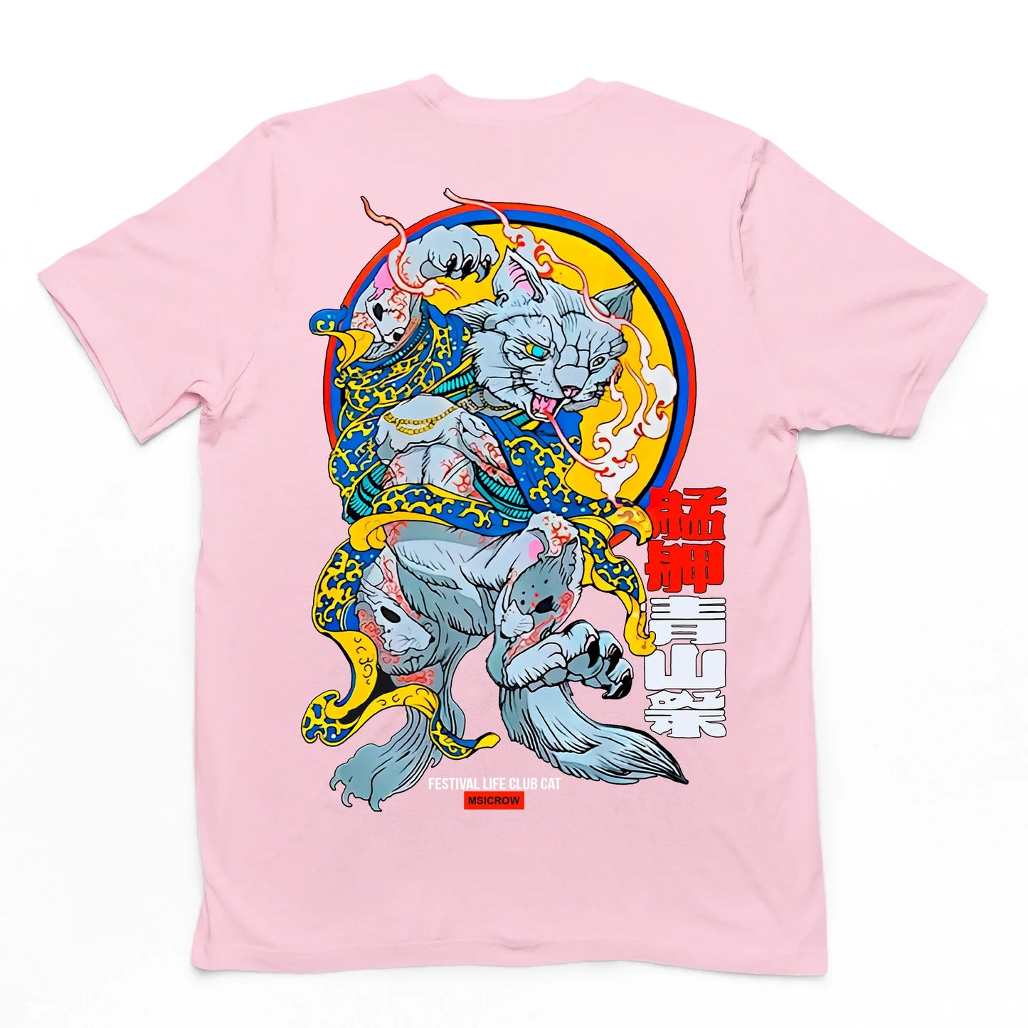 Camiseta Básica Com Estampa Japonês Gato DAnçando- Rosa bebe