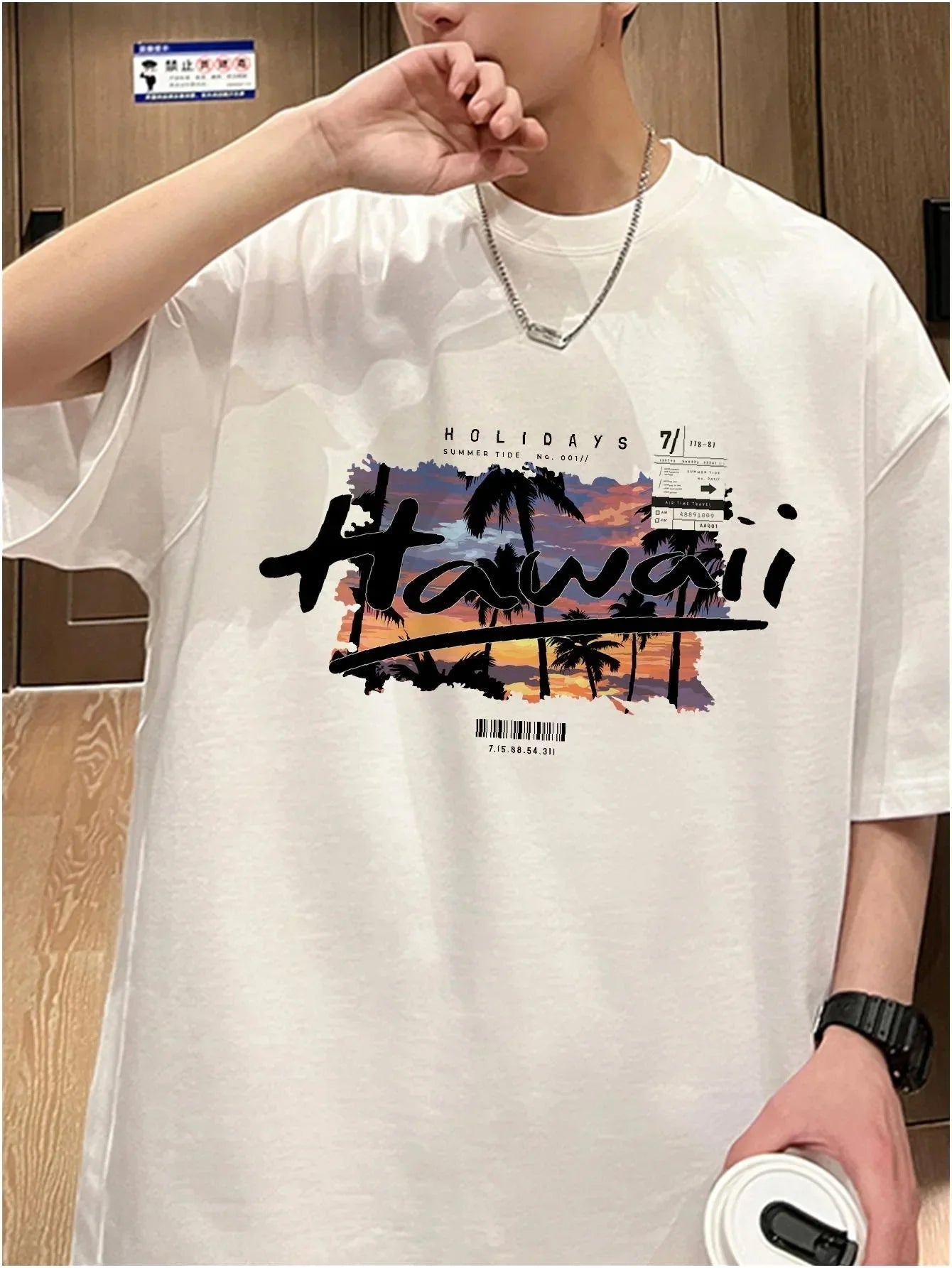 Camiseta Básica Unissex Com Estampa Hawaii Por Do Sol - Branco
