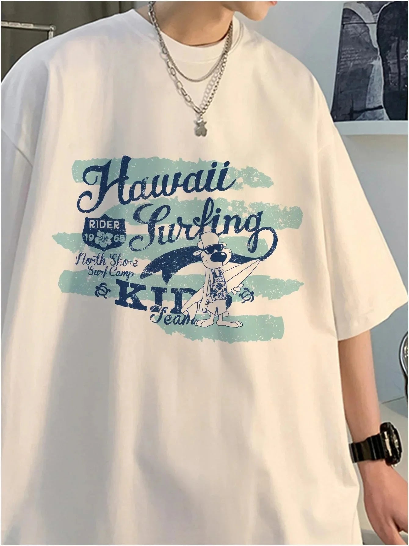 Camiseta Básica Unissex Com Estampa Praia Do Hawaii Prancha Surf - Branco
