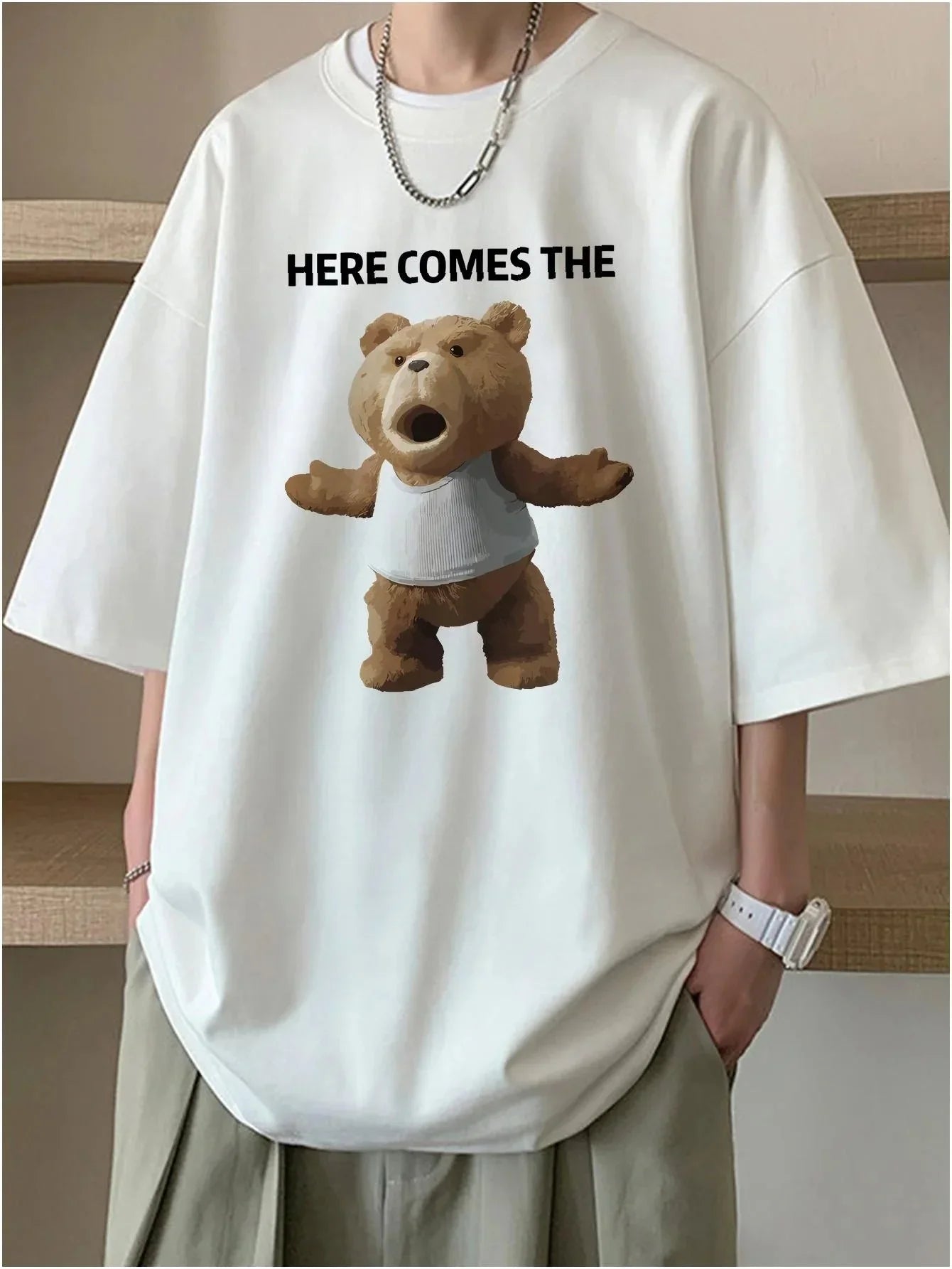 Camiseta Básica Unissex branca Com Estampa Teddy Urso - Branco