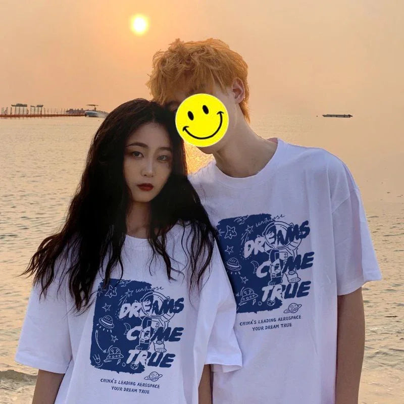 Camiseta Básica Casal Estampa Naves E Estrela Cadente