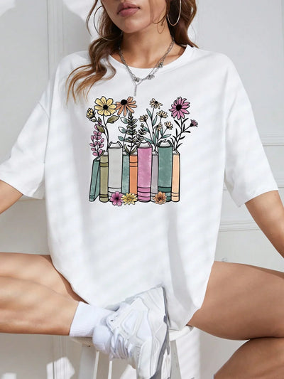 Camiseta Básica Feminina Book Garden Flowers - branco