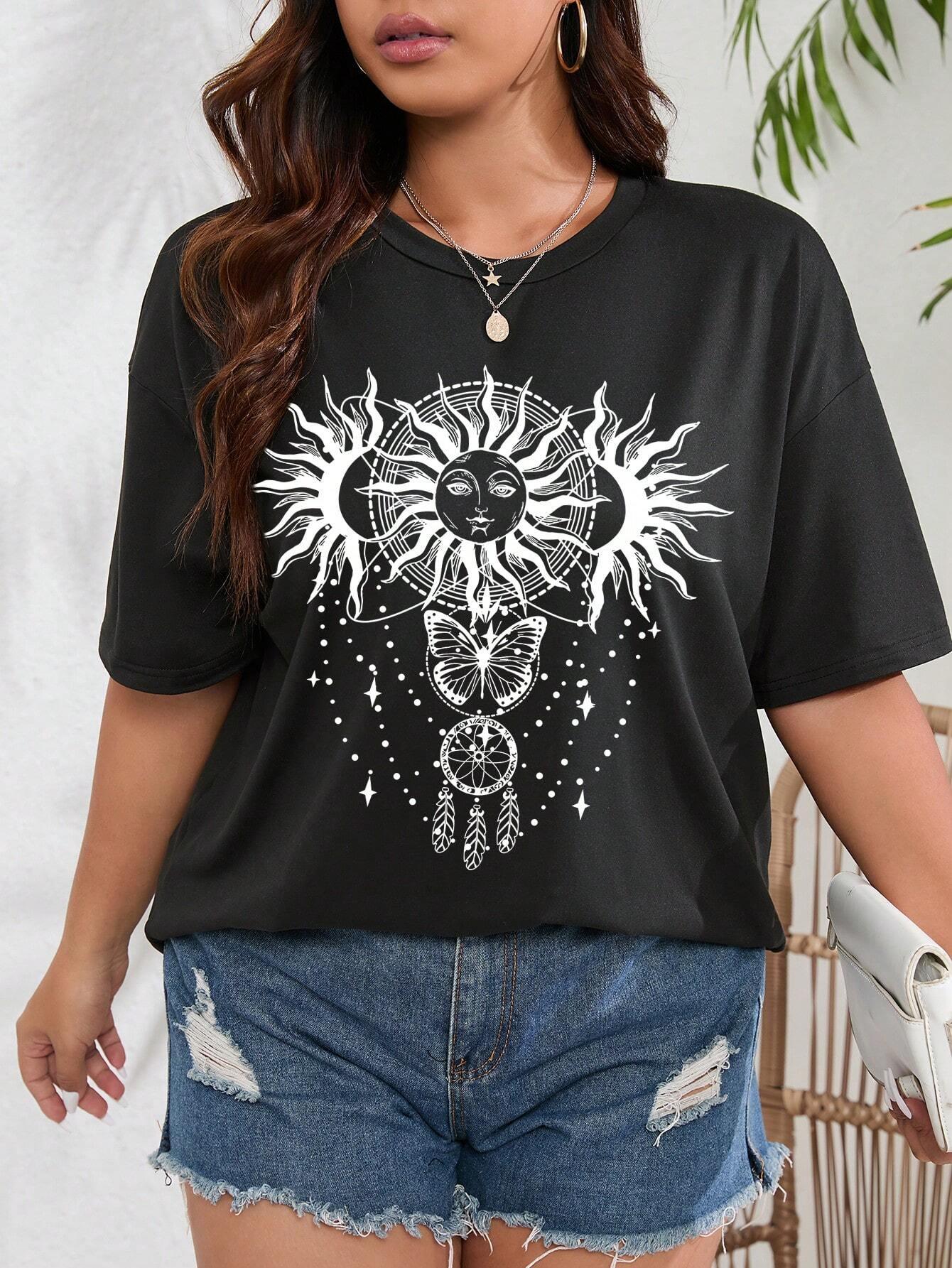 Camiseta Básica FEminina Com Estampa Sol Fashion- preto
