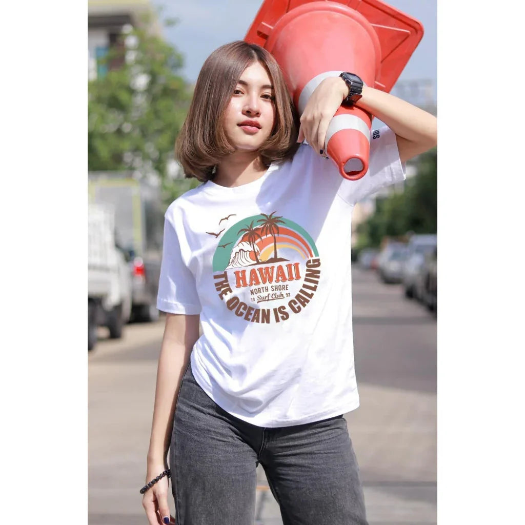 Camiseta Básica Com Estampa Hawaii Verão Oceano - Branco