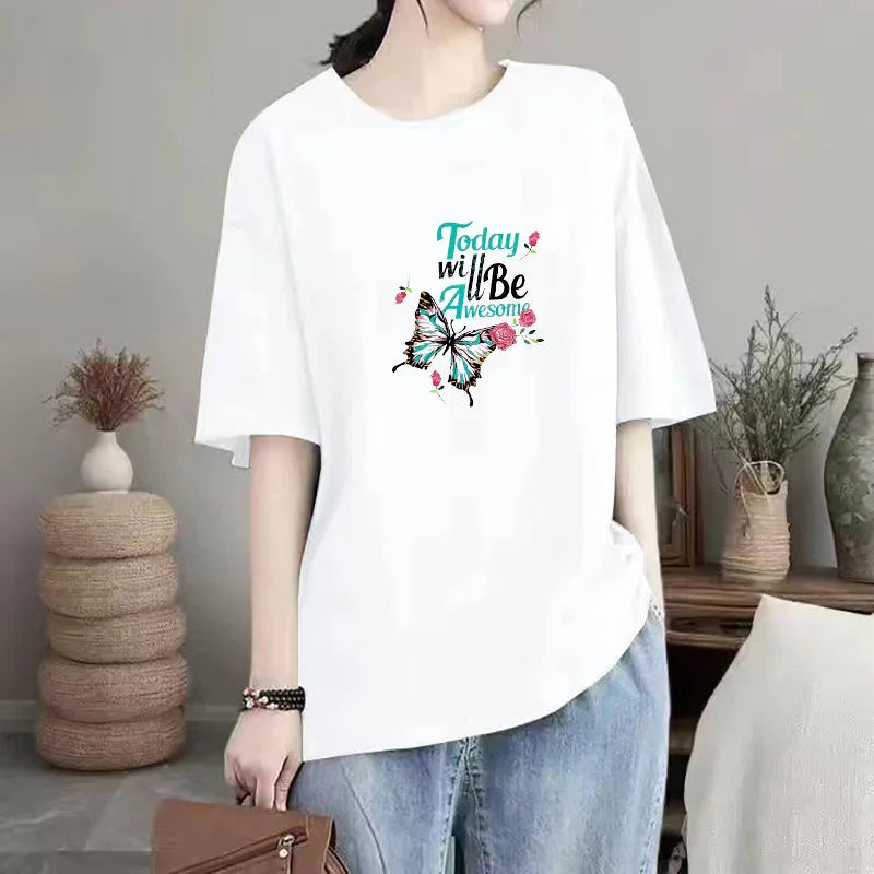 Camiseta Básica Feminina Today Will Be Awesome Butterfly Branco