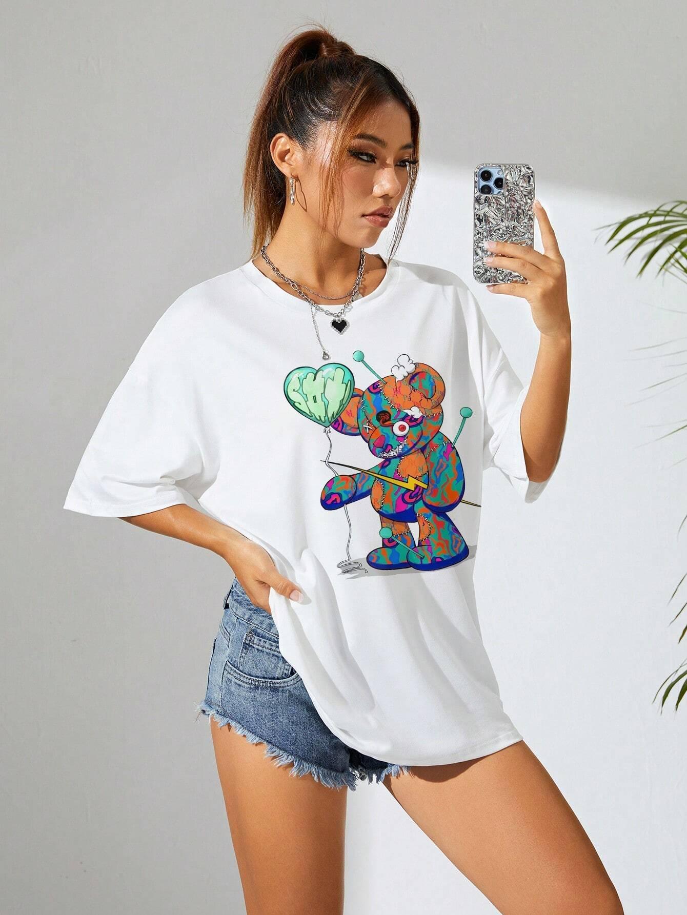 Camiseta Básica branca Unissex Com Estampa Ursinho Segurando Balão De Coração - Branco