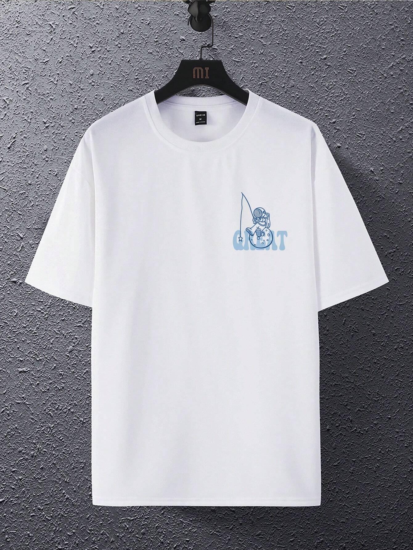 Camiseta Básica Unissex Com Estampa Astronauta Pescando- branco