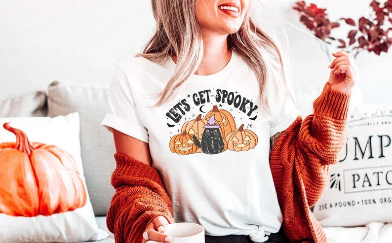 Camiseta Básica Com Estampa Gatinho Bruxa Abobora