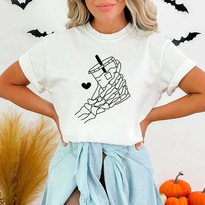 Camiseta Básica Halloween Skeleton Iced Coffee - branco