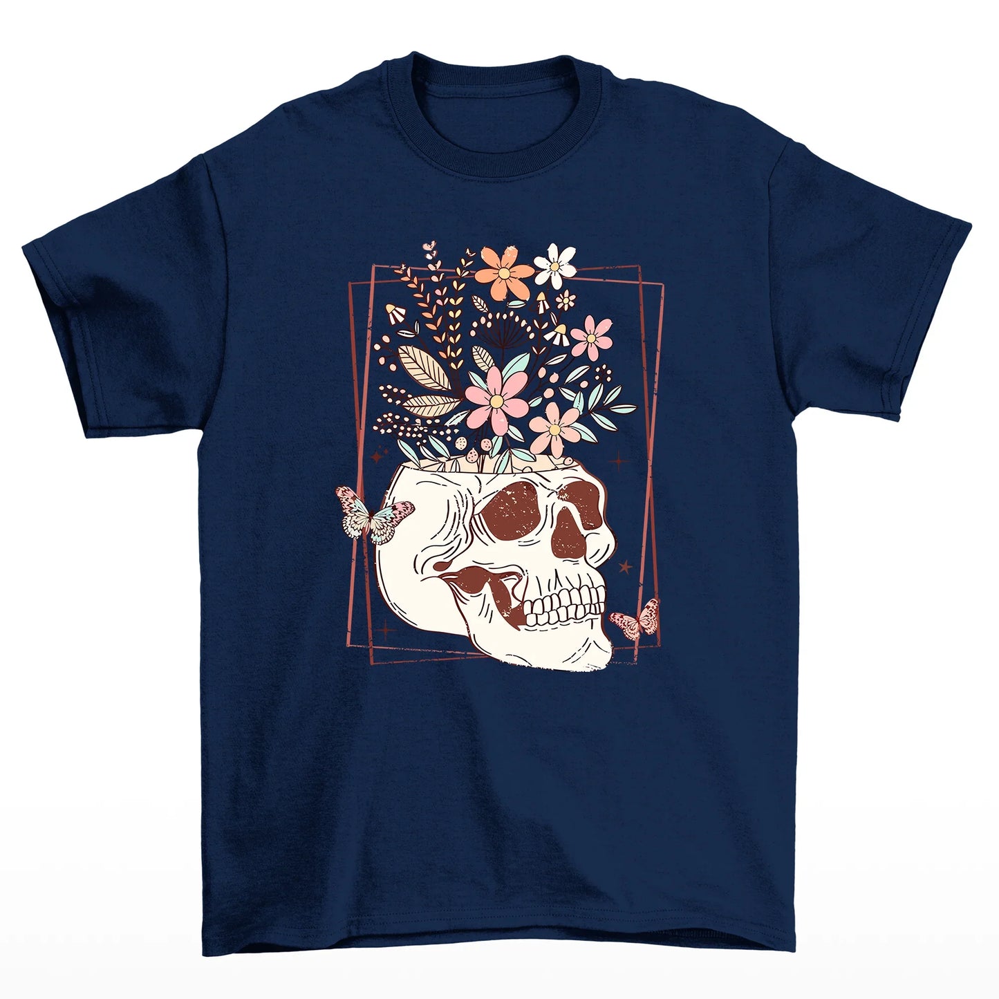 Camiseta Básica Halloween Skull Flower - azul - marinho